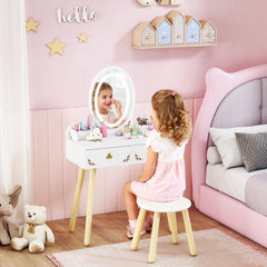 Kozy Kids Vanity Table and Chair Set with 3-Colour LED Lights Mirror, Drawer, Storage Boxes, for 3+ Years, White