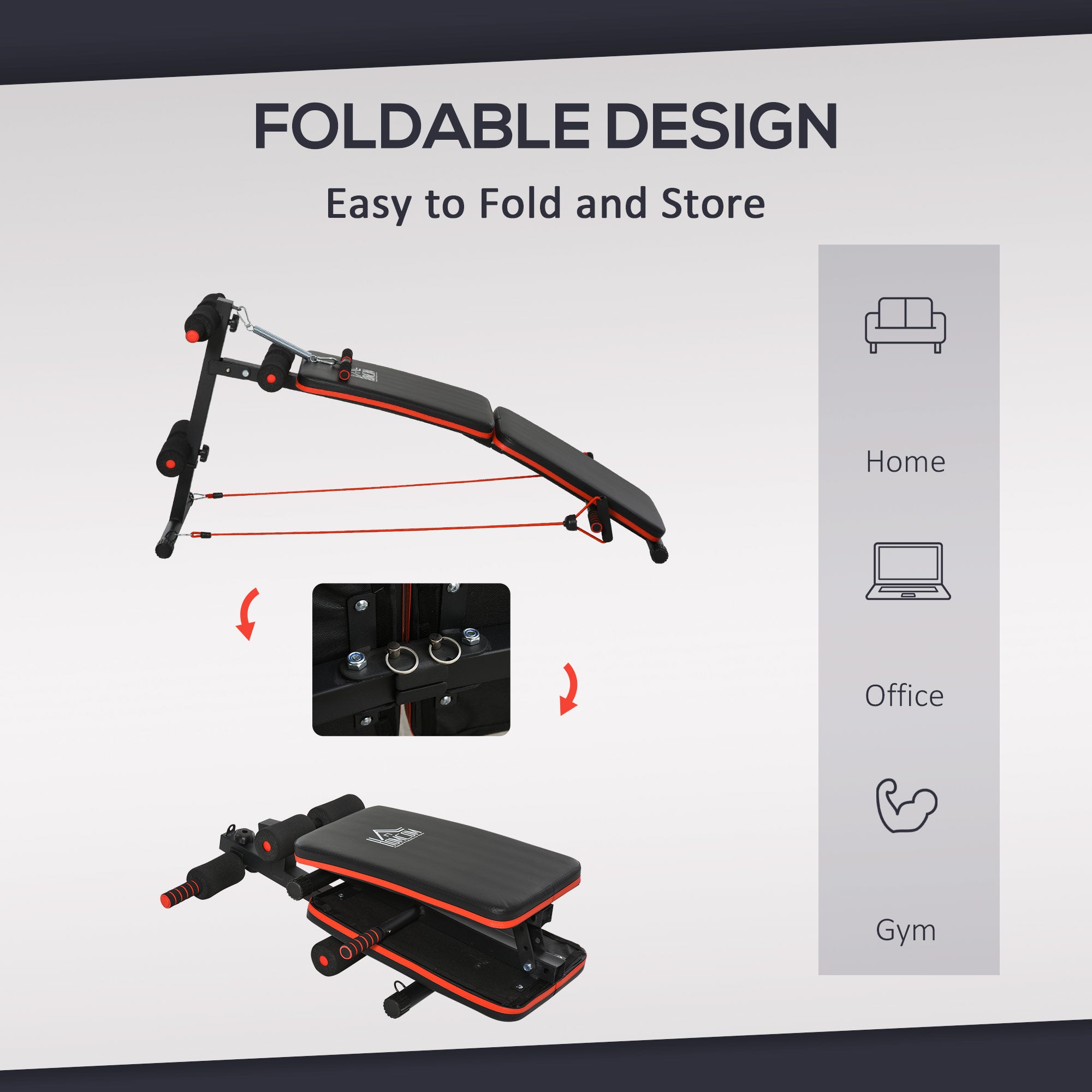 Kozy Sit Up Bench Core Workout Adjustable Thigh Support Foldable for Home Gym w/ Arm Pulling Rope Black