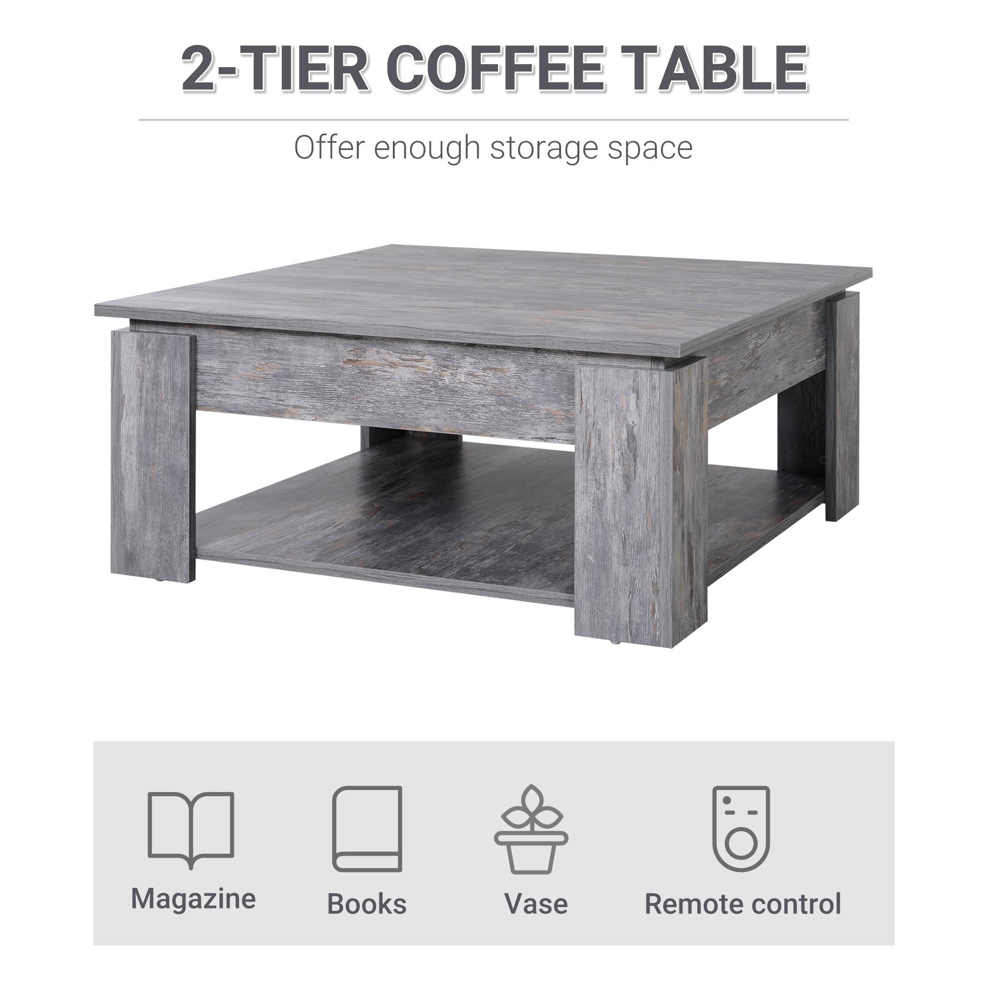 HOMCOM 2 Tier Wood Coffee Table Side Table Bottom Storage Shelf  Simple Modern Living Room Grey Wood Grain