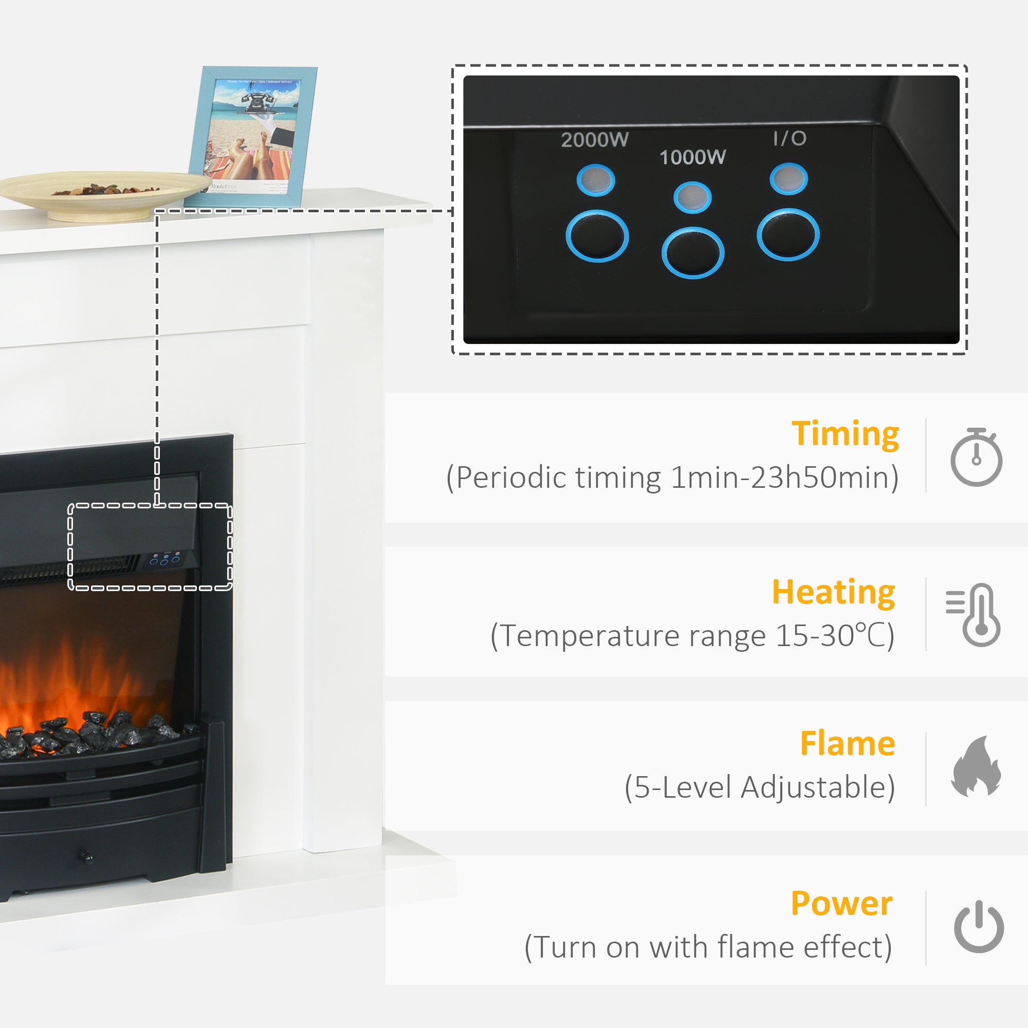 Kozy - Electric Firplace Suites & Mantelpiece w/LED Flames Remote Marble Stone Modern Curved Surround Intelligent Safe Tempered Glass Adjustable Thermal 1000W/2000W
