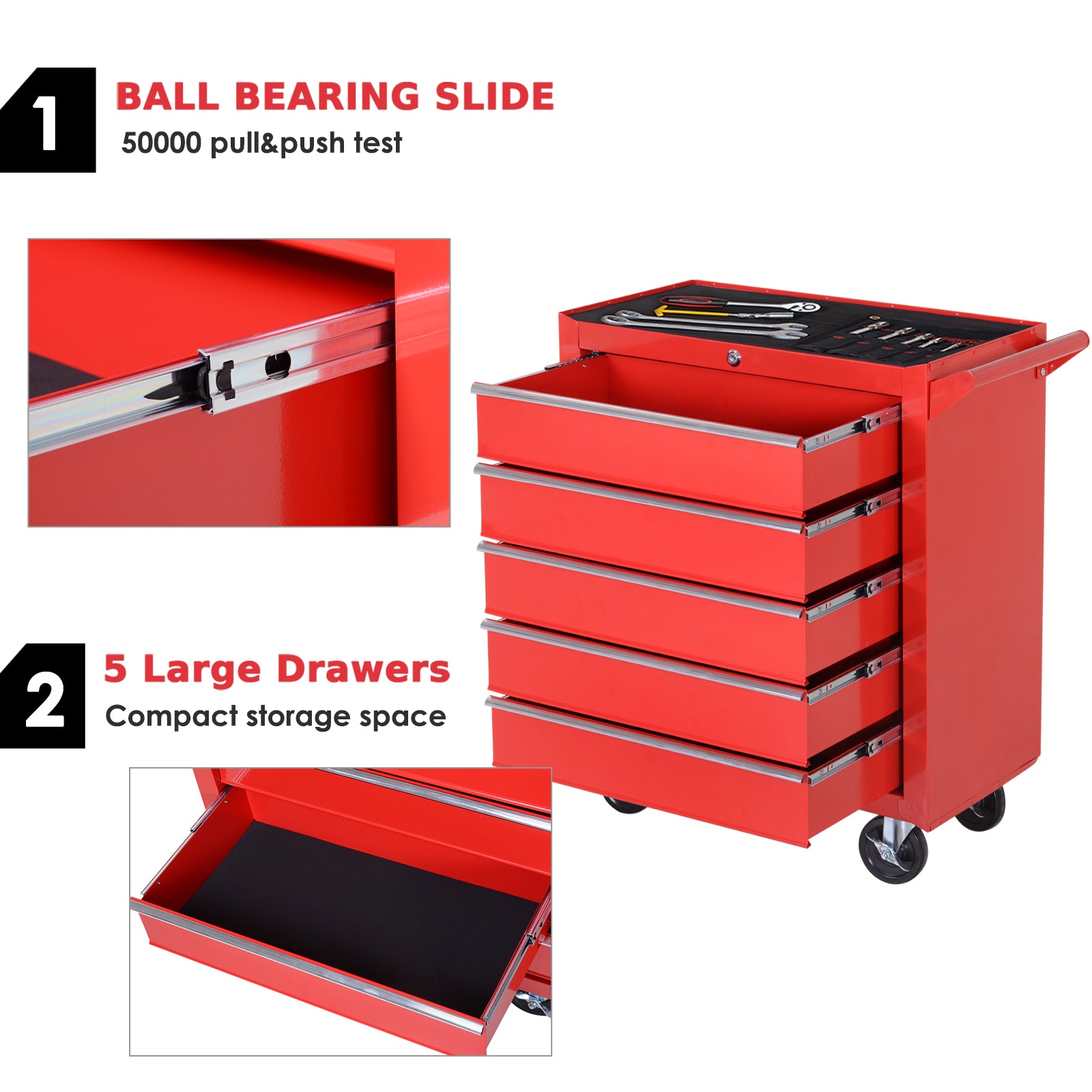 Kozy 5-Drawer Tool Box on Wheels 150KG Load Tool Storage Cabinet with EVA Pad, Red