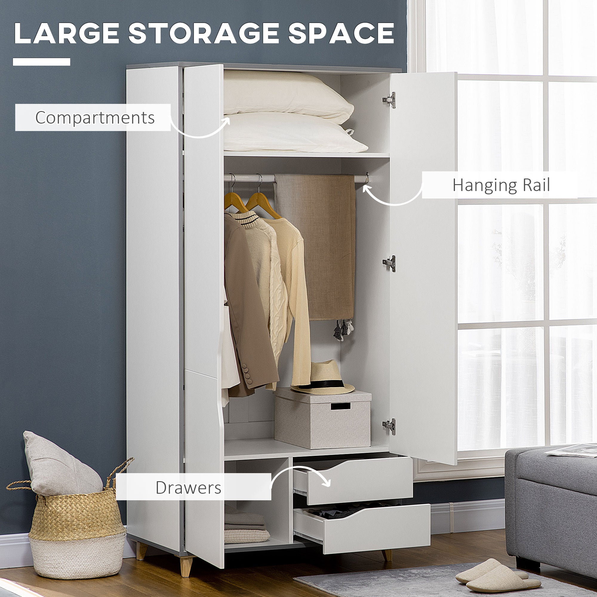 Kozy Wardrobe with 2 Doors, 2 Drawers, Hanging Rail, Shelves for Bedroom Clothes Storage Organiser, 89x50x185cm, White