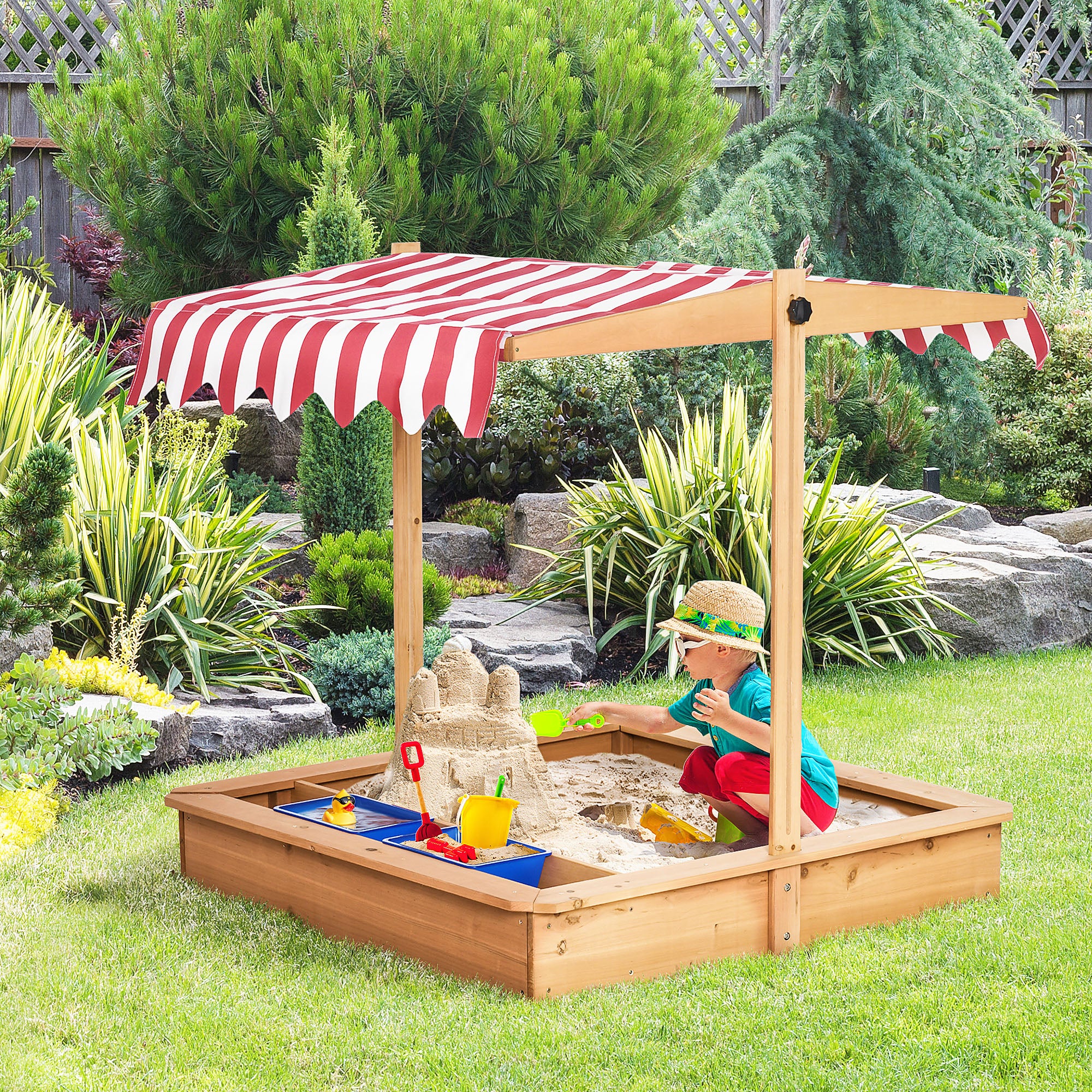 Kozy Sand Pit Kids Wooden Sandbox with Cover Children Sandpit Play Station Height Adjustable with Canopy, Bottom Liner, Plastic Basins for Outdoor Aged 3-7 Years