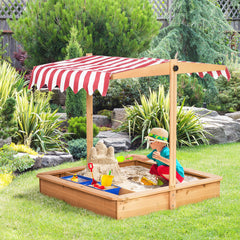 Kozy Sand Pit Kids Wooden Sandbox with Cover Children Sandpit Play Station Height Adjustable with Canopy, Bottom Liner, Plastic Basins for Outdoor Aged 3-7 Years
