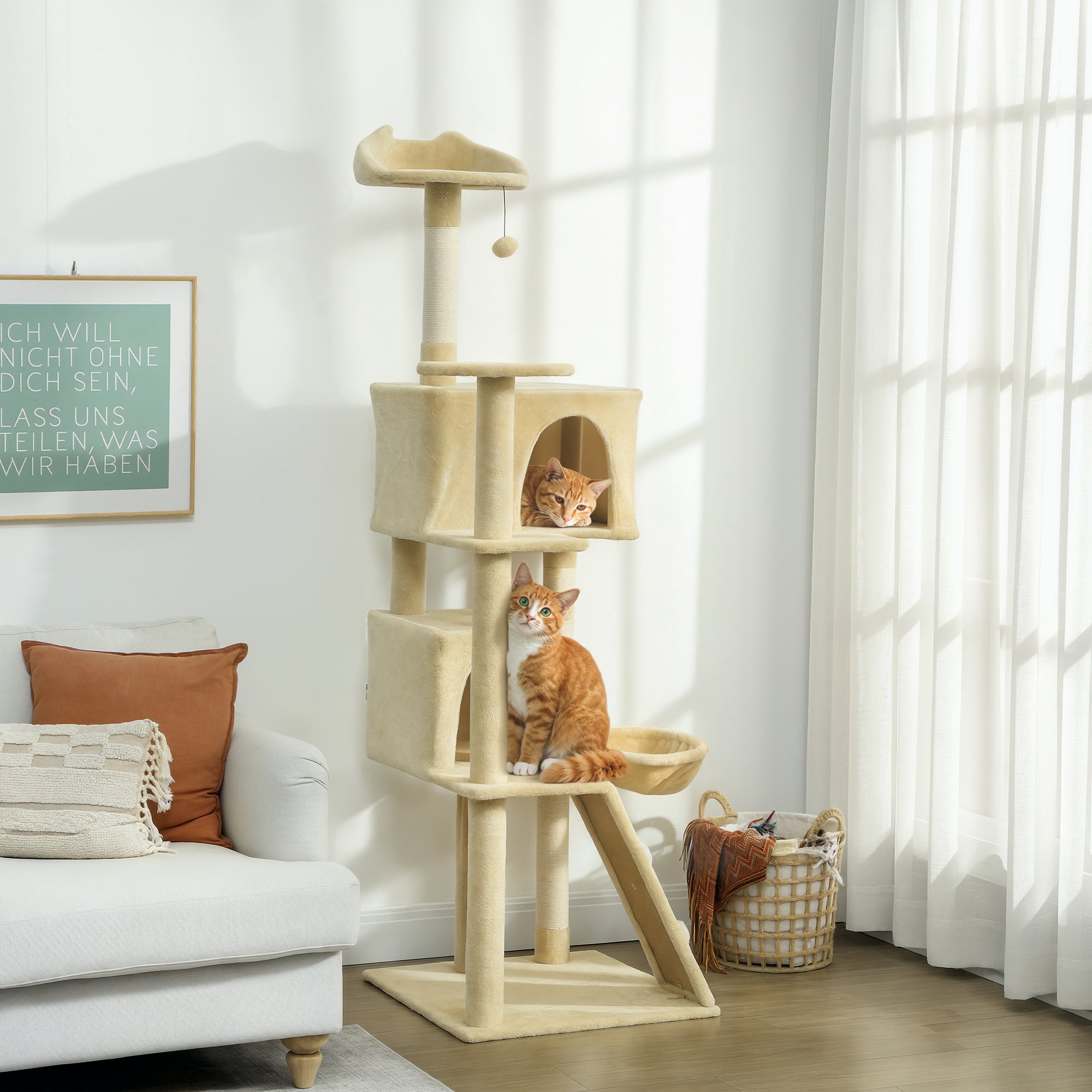 Kozy 180cm Large Cat Tree Tower with Sisal Scratching Posts, Condos, Plush Perches, Hammock, Ladder, Beige
