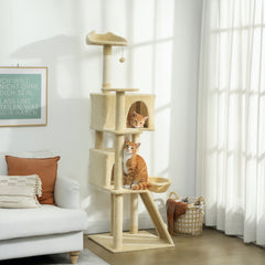 Kozy 180cm Large Cat Tree Tower with Sisal Scratching Posts, Condos, Plush Perches, Hammock, Ladder, Beige