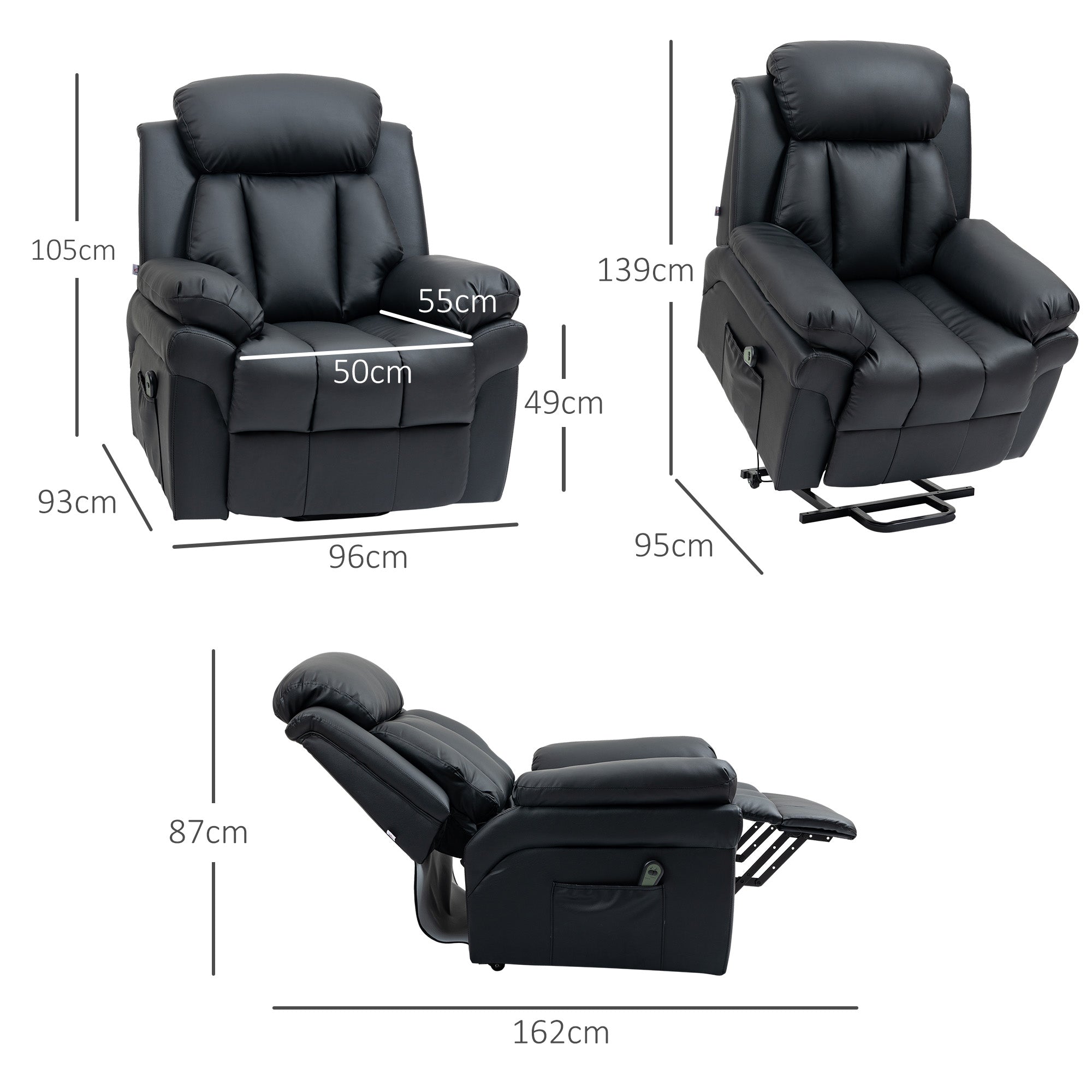 Kozy - Power Lift Chair Recliner for Elderly, Electric Recliner Chair, Overstuffed Faux Leather Riser and Reclining Armchair with Remote Control, Side Pockets, for Living Room, Black