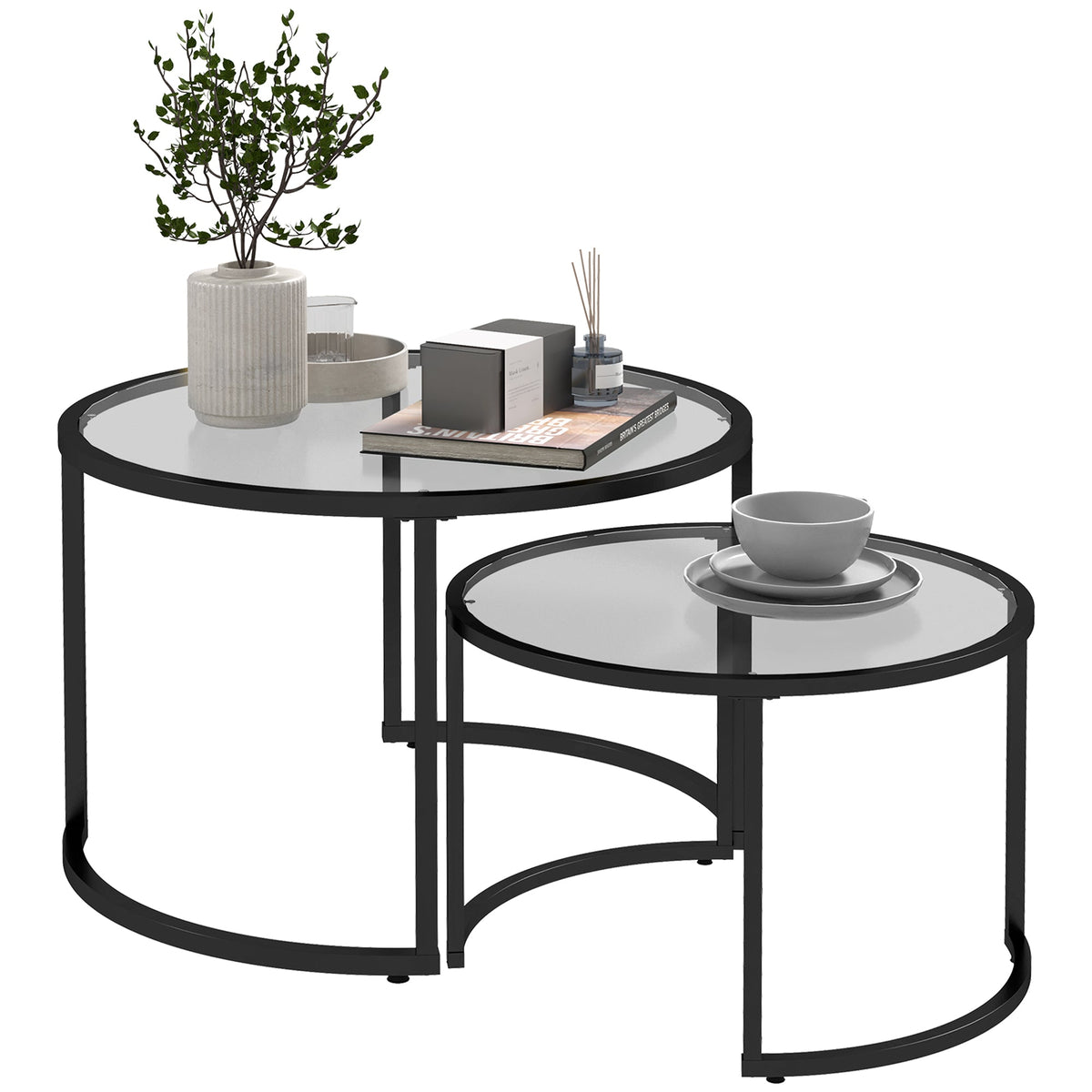 HOMCOM Glass Coffee Table Set of 2, Round Nest of Tables w/ Tempered Glass Tabletop, Steel Frame, Modern Side Tables for Living Room, Black | Aosom UK