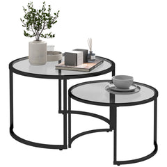HOMCOM Glass Coffee Table Set of 2, Round Nest of Tables w/ Tempered Glass Tabletop, Steel Frame, Modern Side Tables for Living Room, Black | Aosom UK