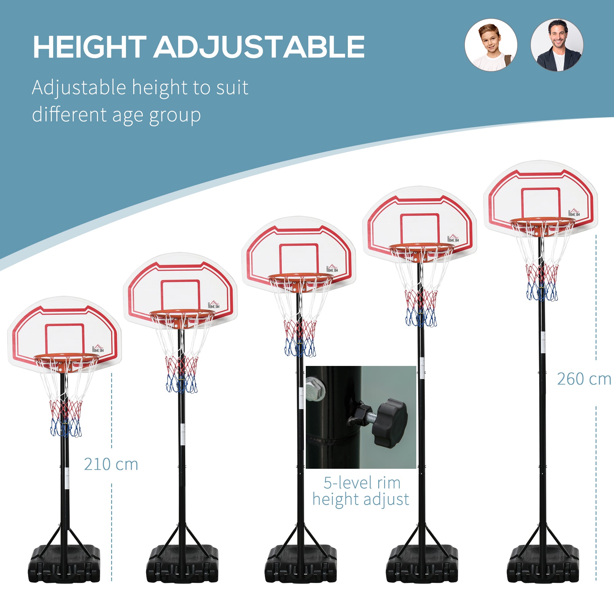 Kozy Basketball Hoop Stand Portable Adjustable Height 2.1-2.6m w/ Wheels, Sturdy Rim Stable Base, Black