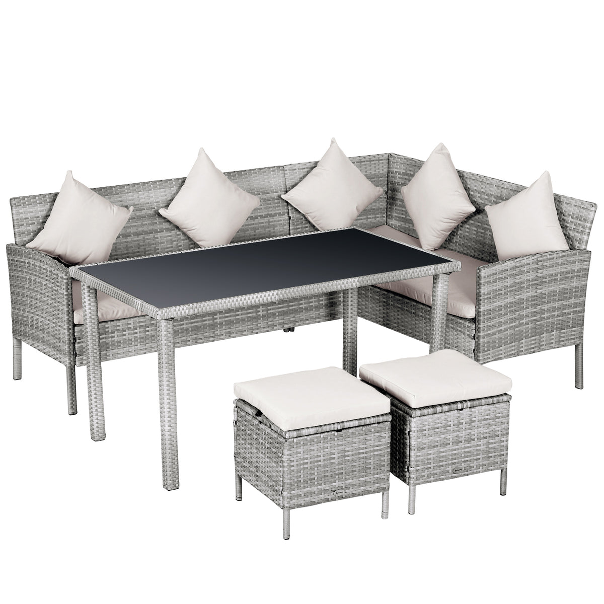 Kozy 6-Seater Rattan Dining Set Sofa Table Footstool Outdoor w/ Cushion Garden Furniture