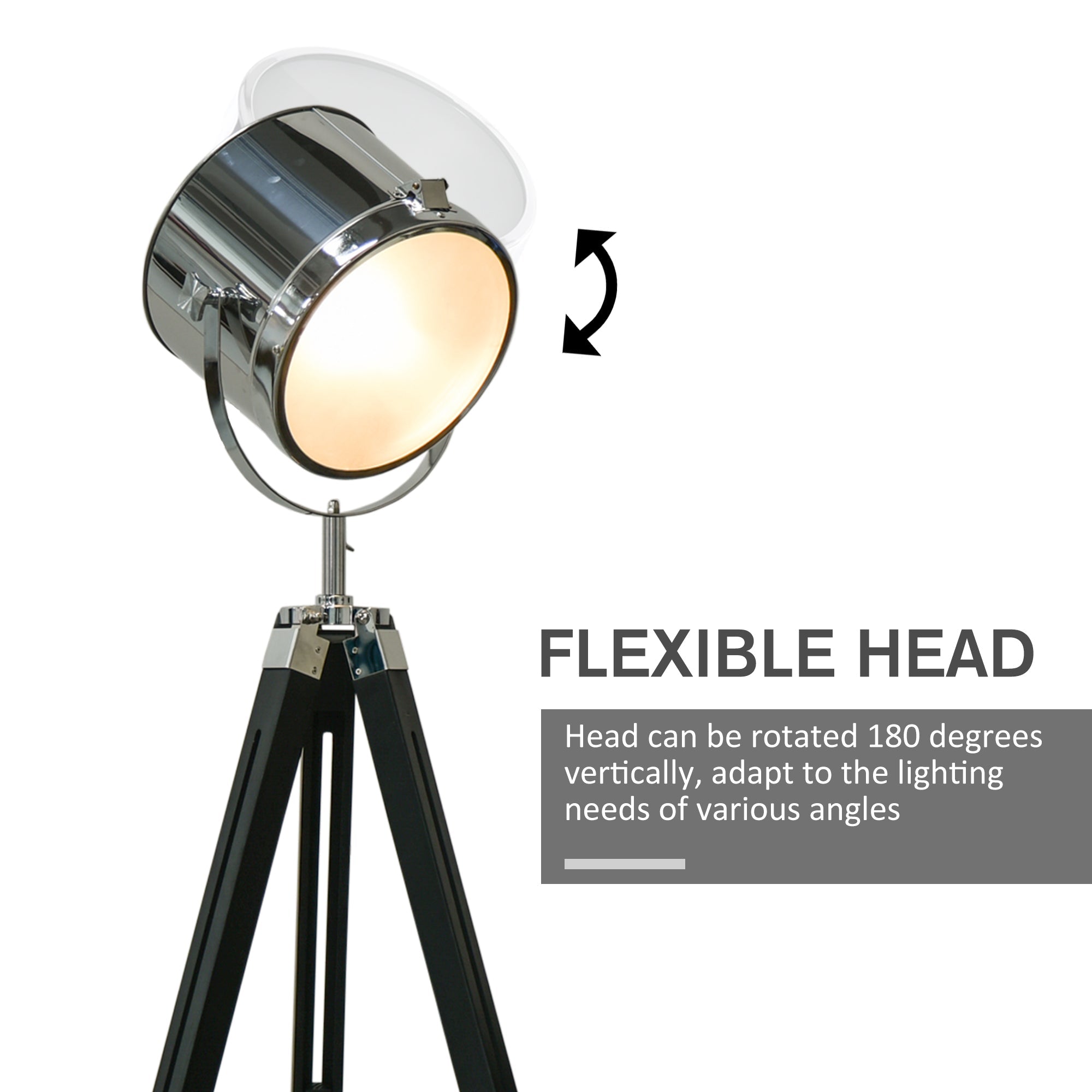 HOMCOM Industrial Style Adjustable Tripod Floor Lamp, Floor Lights with Wooden Legs and Steel Lampshade, Searchlight Lamp, Black | Aosom UK