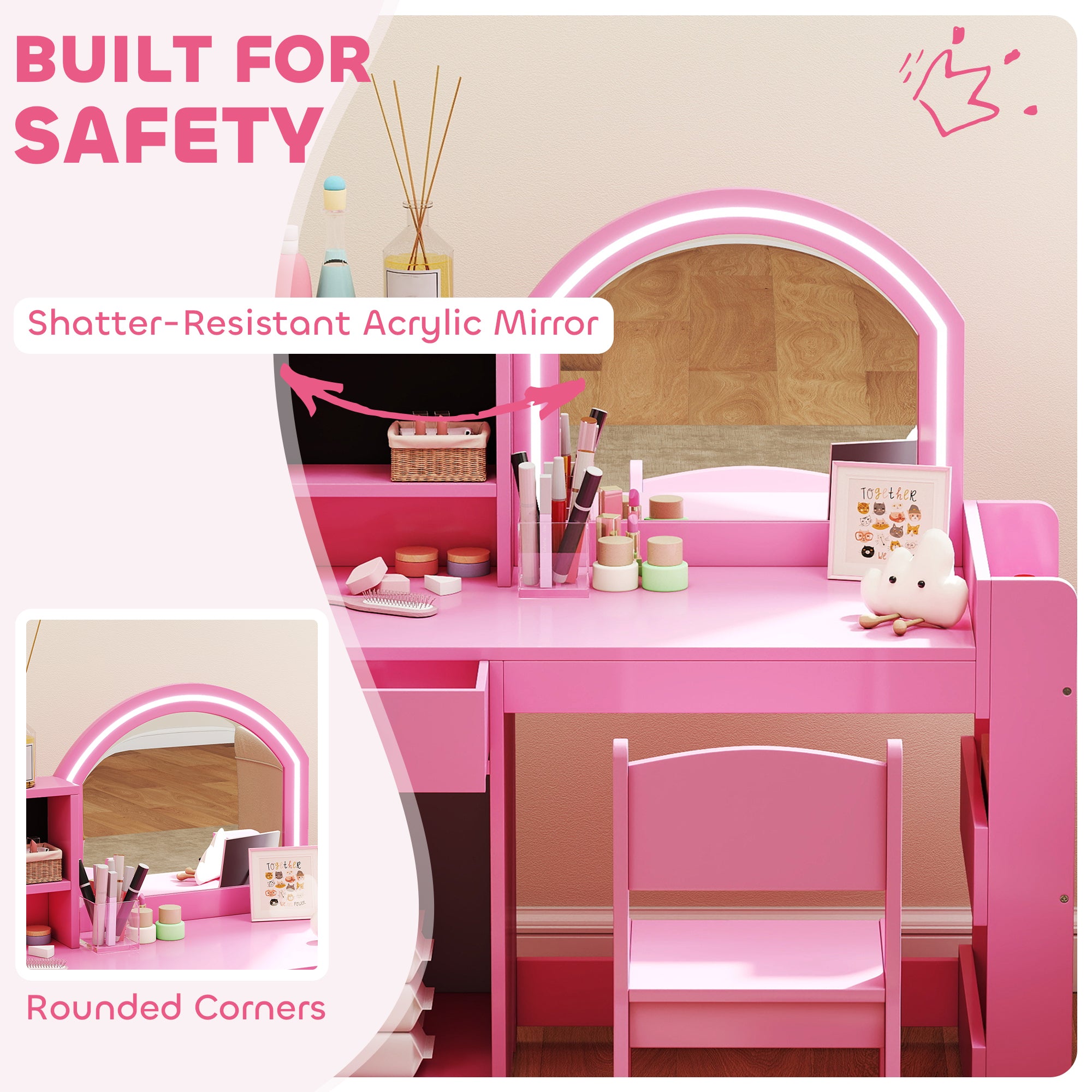 Kozy Kids Vanity Table and Chair Set, Girls Dressing Table with 2-Colour LED Mirror, Stool, Cabinet, Drawer, Shelves, Pink
