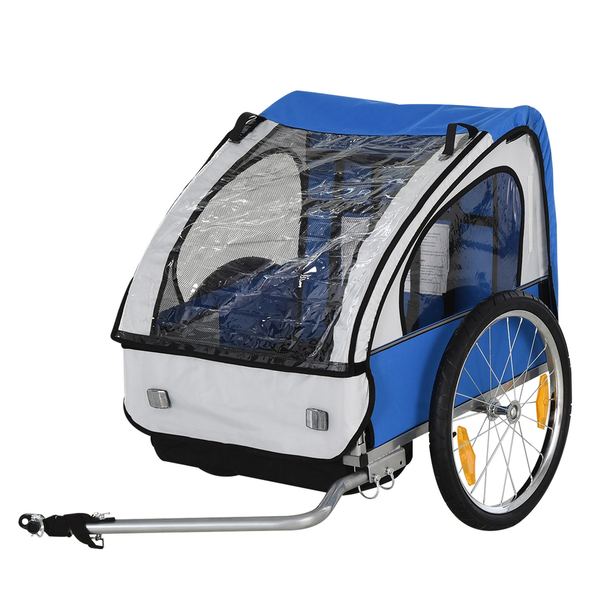 HOMCOM 2 Seat Bike Trailer Bicycle wagon for Kids Child Steel Frame Safety Harness Seat Carrier Blue White 130 x 76 x 88 cm