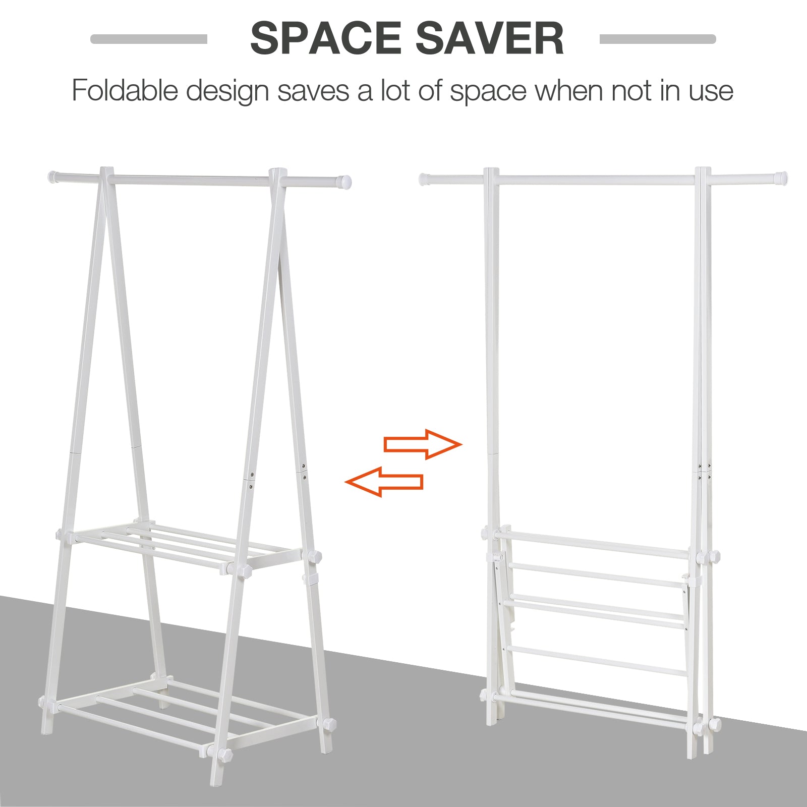 HOMCOM Minimalist Foldable Adjustable Clothes Rack Hanger w/ 2 shelves 107.5L x 45W x 150H cm Hallway Entryway Furniture