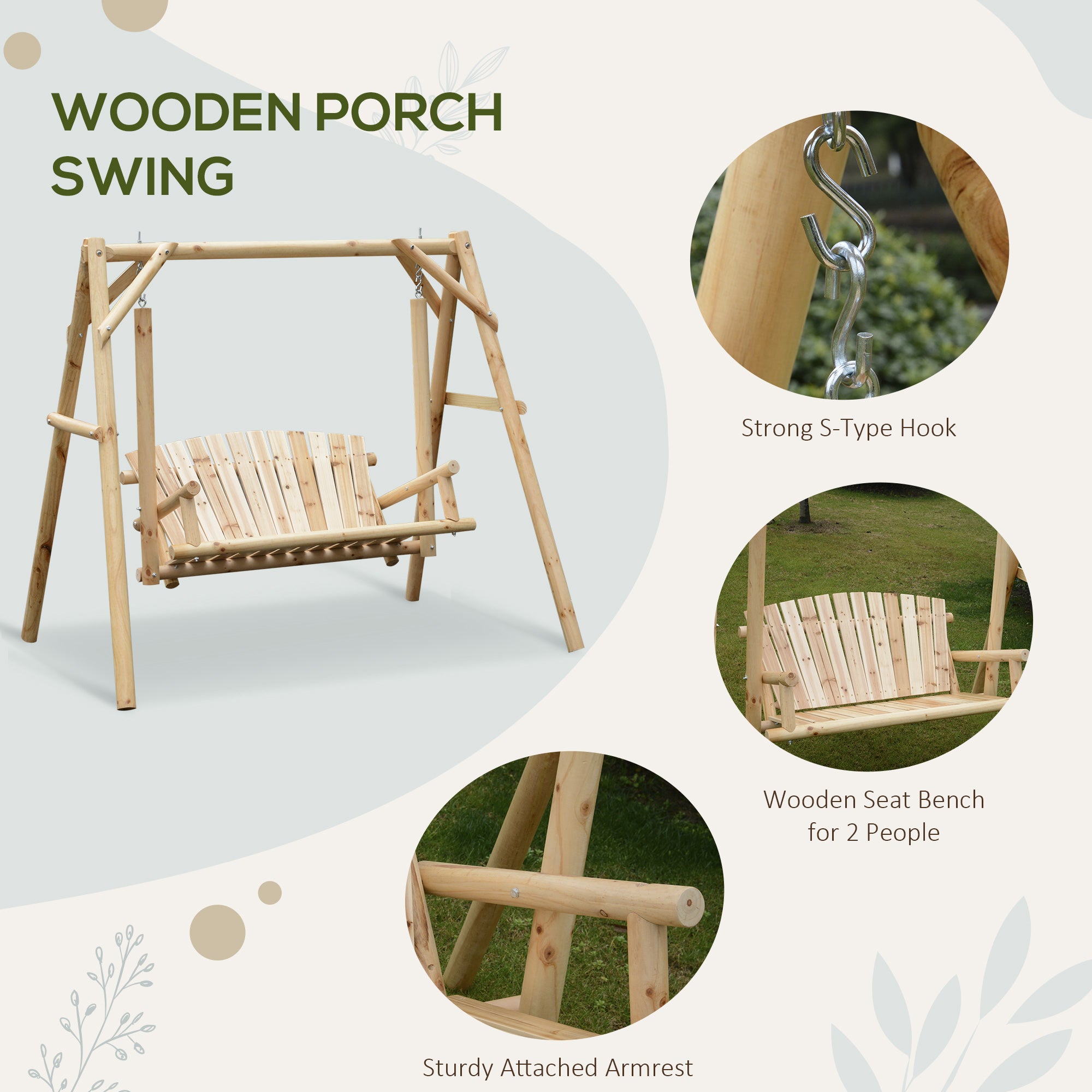 Kozy Outdoor 2 Seater Swing Chair Larch Wood Garden Swing Seat Porch Hammock Bench Lounger