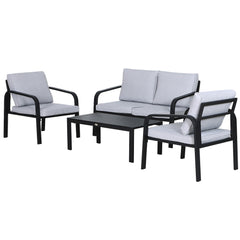 Kozy 4pcs Garden Sofa Set 2 Single Armchair, 1 Bench & 1 Coffee Table Set Aluminum Frame Patio Furniture with Cushions, Black