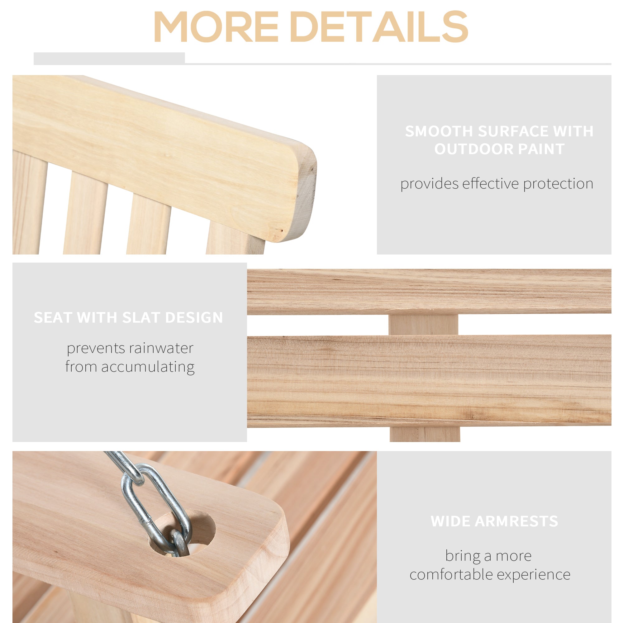 Kozy Outdoor Wooden Swing Bench 2-Seater Porch Swing Chair Hanging Hammock Garden Furniture, Natural