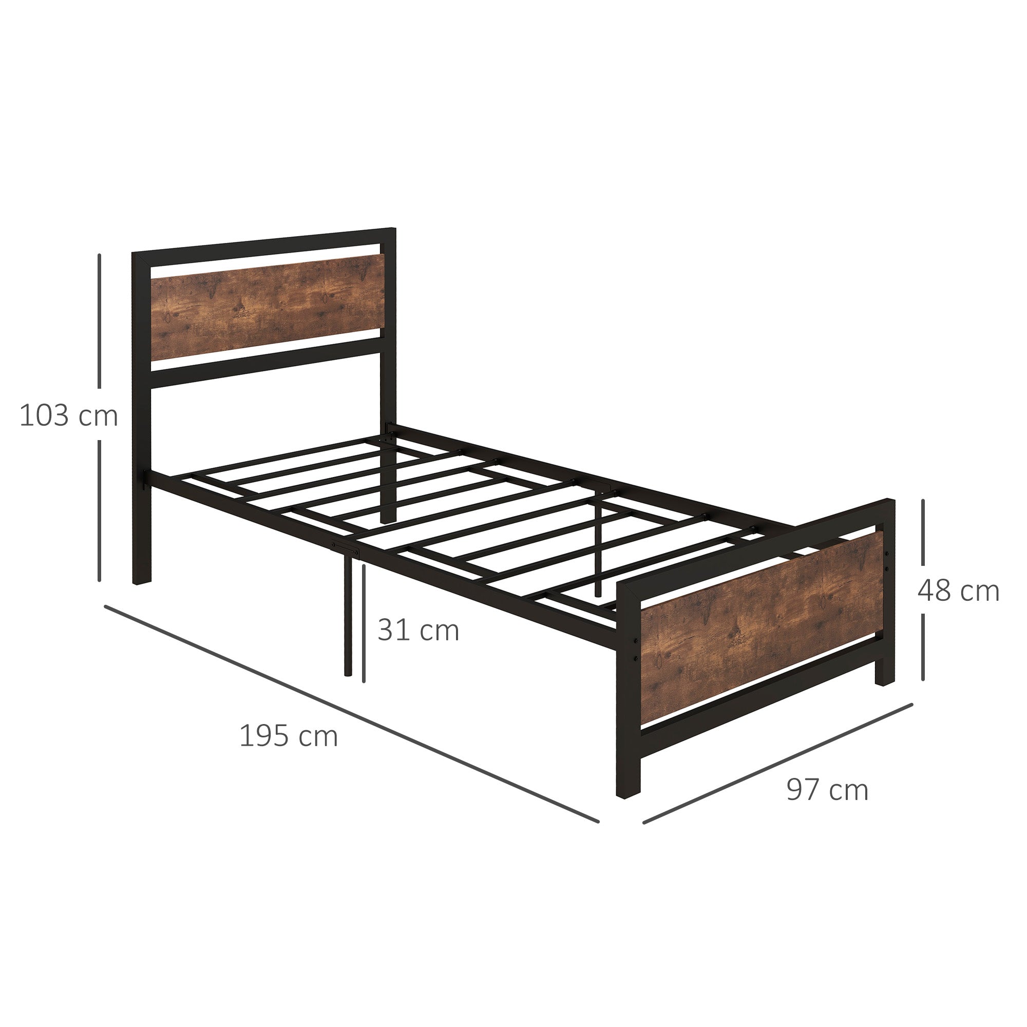 Kozy Single Size Metal Bed Frame with Headboard & Footboard, Strong Slat Support Solid Bedstead Base w/ Underbed Storage Space, Bedroom Furniture For Adults
