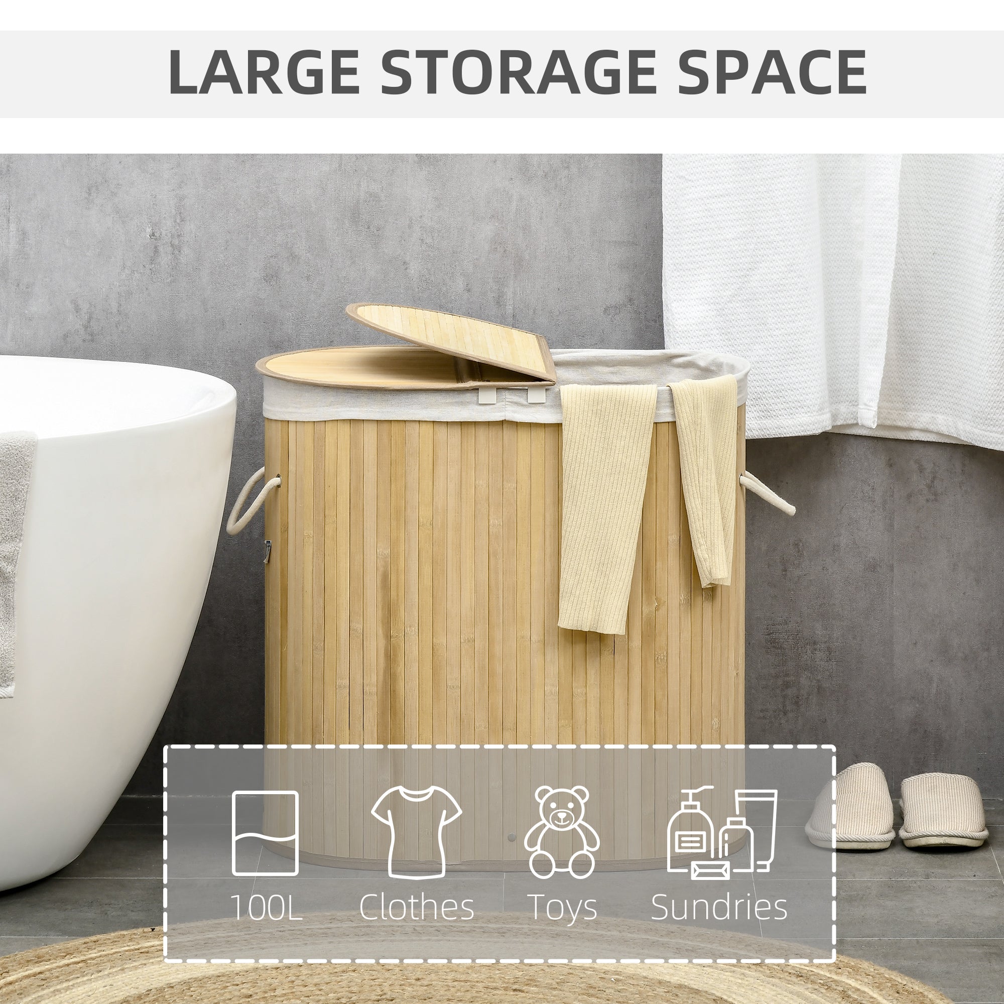 Bamboo Laundry Basket with Lid, 100 Litres Laundry Hamper with 2 Sections, Removable Washable Lining, Washing Baskets, 62.5 x 37 x 60.5cm, Natural
