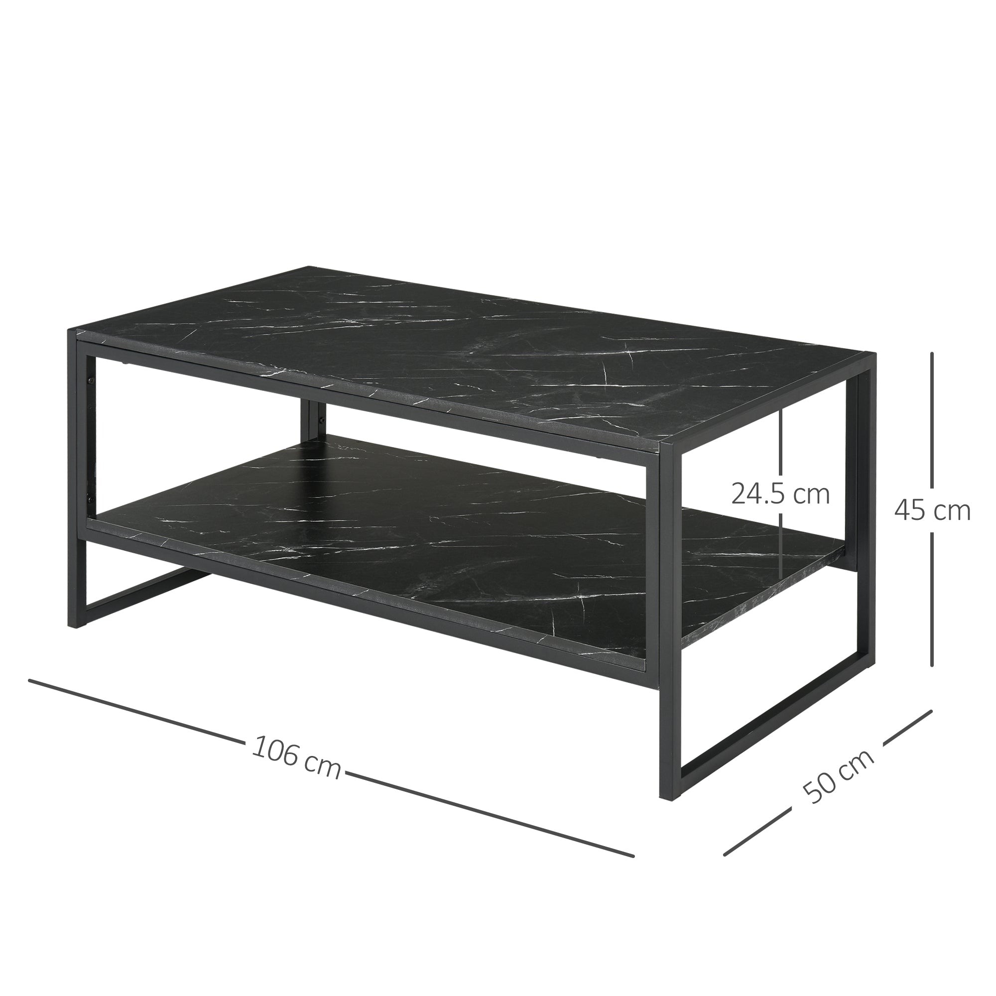 Kozy Coffee Table, Two-Tier Faux Marble Effect Centre Table with Metal Frame and Storage Shelf for Living Room, 106 x 50 x 45cm, Black