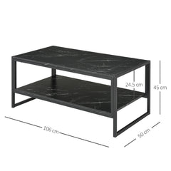 Kozy Coffee Table, Two-Tier Faux Marble Effect Centre Table with Metal Frame and Storage Shelf for Living Room, 106 x 50 x 45cm, Black