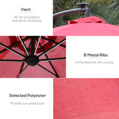 Outsunny 3m LED Patio Banana Umbrella Cantilever Parasol w/ Crank Cross Base Hanging Offset Umbrella Frame Steel  Aluminium Garden Table Outdoor Red