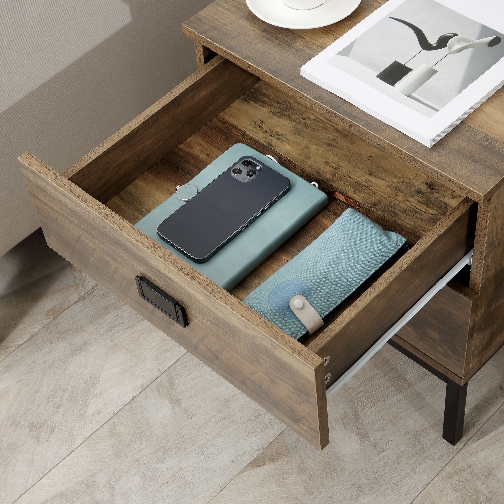 Kozy Retro Bedside Table, End Side Table with 2 Drawers, Metal Frame for Bedroom, Living Room, Coffee