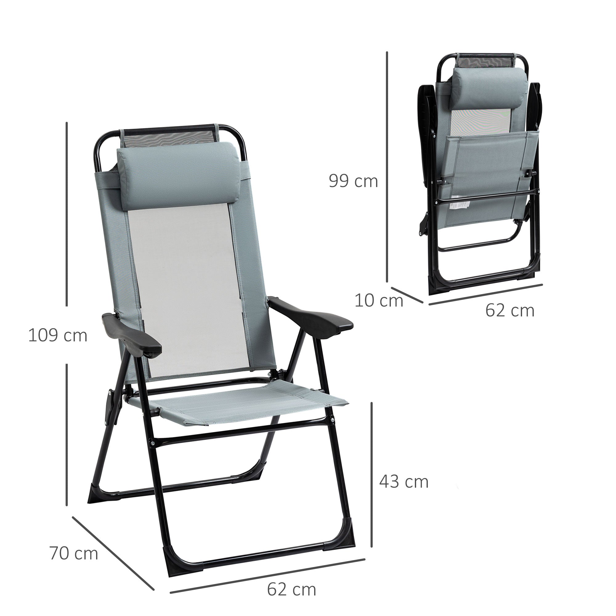 Kozy Set of 2 Portable Folding Recliner Outdoor Patio Adjustable Backrest, Grey