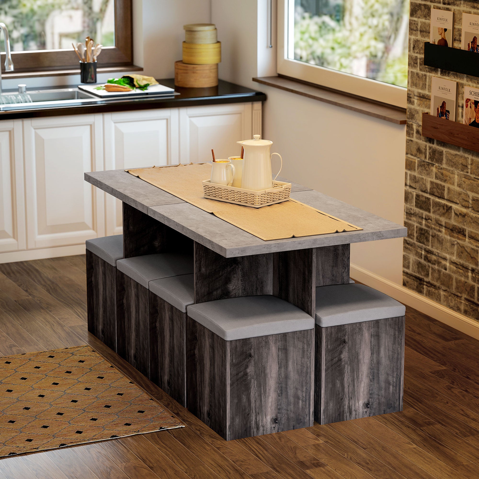 Kozy 5PC Dining Set Garden Patio Wooden Set 4 Storage Stools Footrest Ottoman with Cushions + 1 Table Space Saving Design Indoor Outdoor