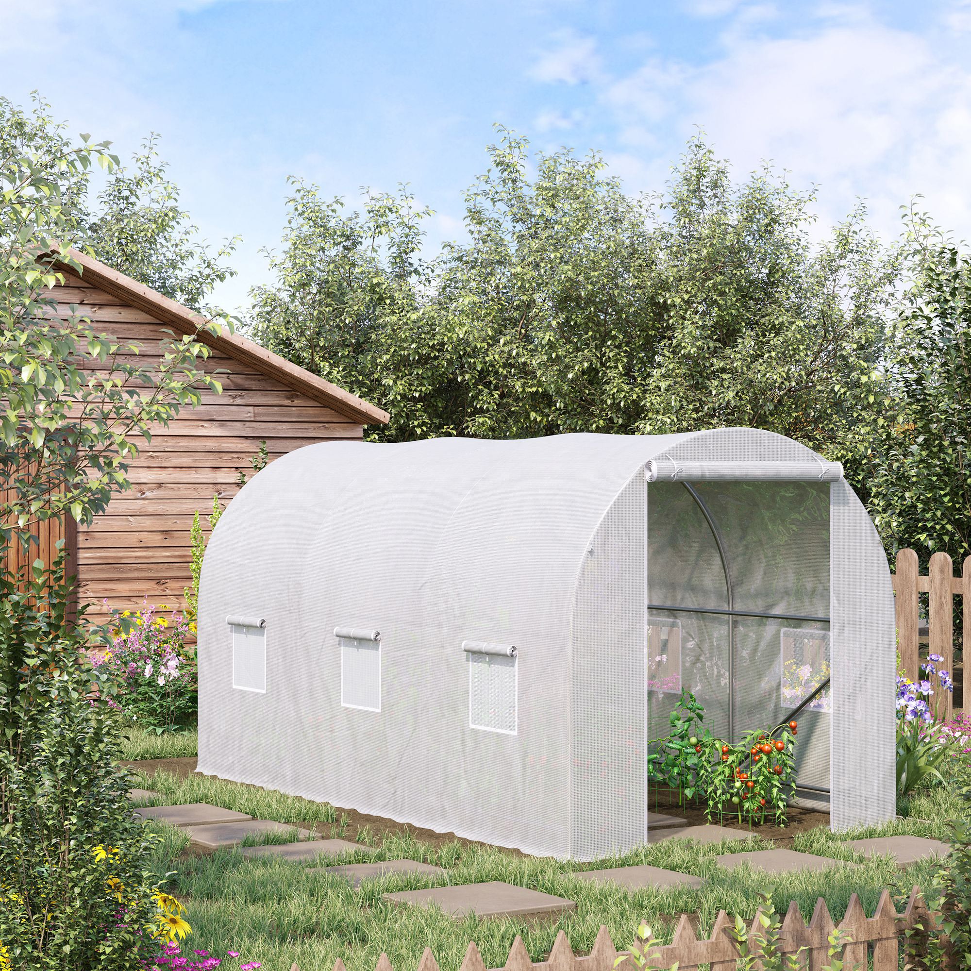 Kozy 3.5 x 2 x 2 m Polytunnel Greenhouse, Walk-in Green House for Garden with Mesh Windows, Galvanised Steel Frame, White