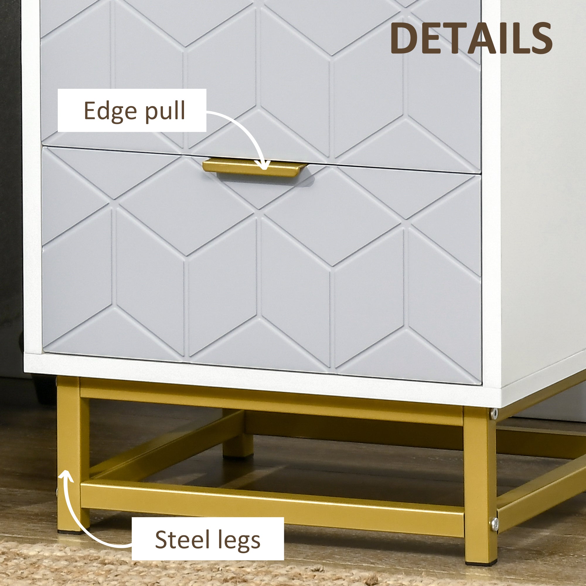 Kozy Bedside Table with 2 Drawers, Side Table, Bedside Cabinet with Steel Frame for Living Room, Bedroom, Grey and White