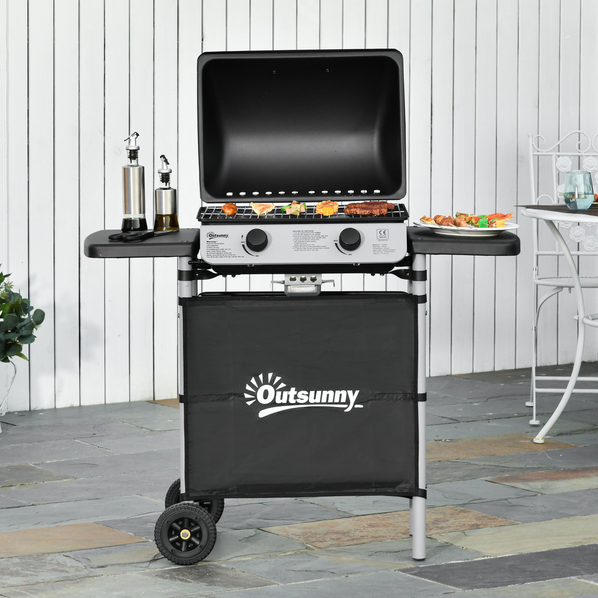 Kozy 2 Burner Gas BBQ Trolley with Lid, 5.6 kW Gas Barbecue Grill with Wheels, Side Shelves, Black