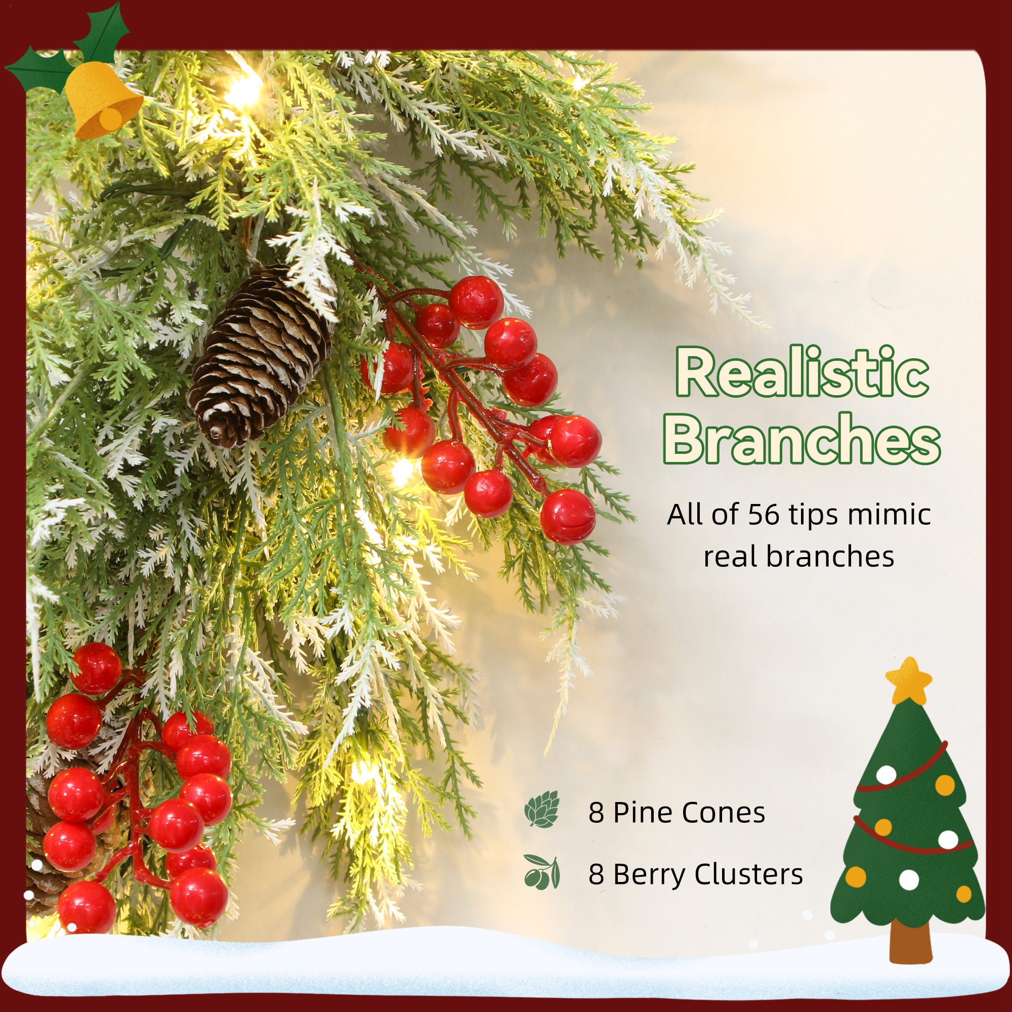 Kozy - 60 cm Prelit Christmas Wreath, Door Wreath with Realistic Branches, 30 Warm White LEDs, Timer, Battery Operated