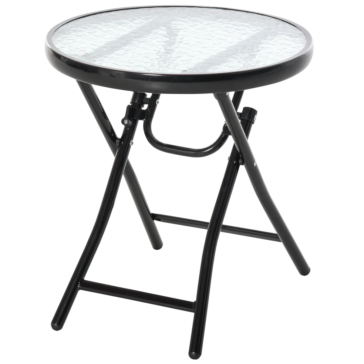 Kozy Foldable Garden Table, Round Folding Table with Glass Tabletop and Safety Buckle for Patio, Garden, Outdoor, Indoor, Black
