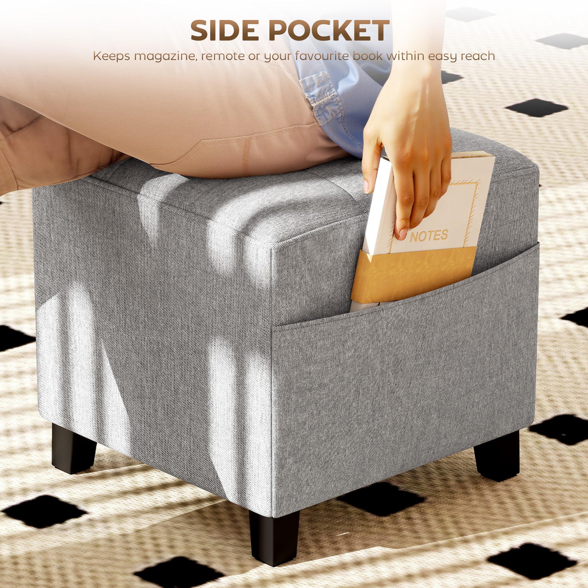 Kozy - Square Footstool, Small Ottoman with Side Pocket, Linen Fabric Footrest Foot Stool with Rubber Wood Legs and Padded Seat for Living Room, Bedroom, Entryway, 35 x 35 x 35cm, Light Grey