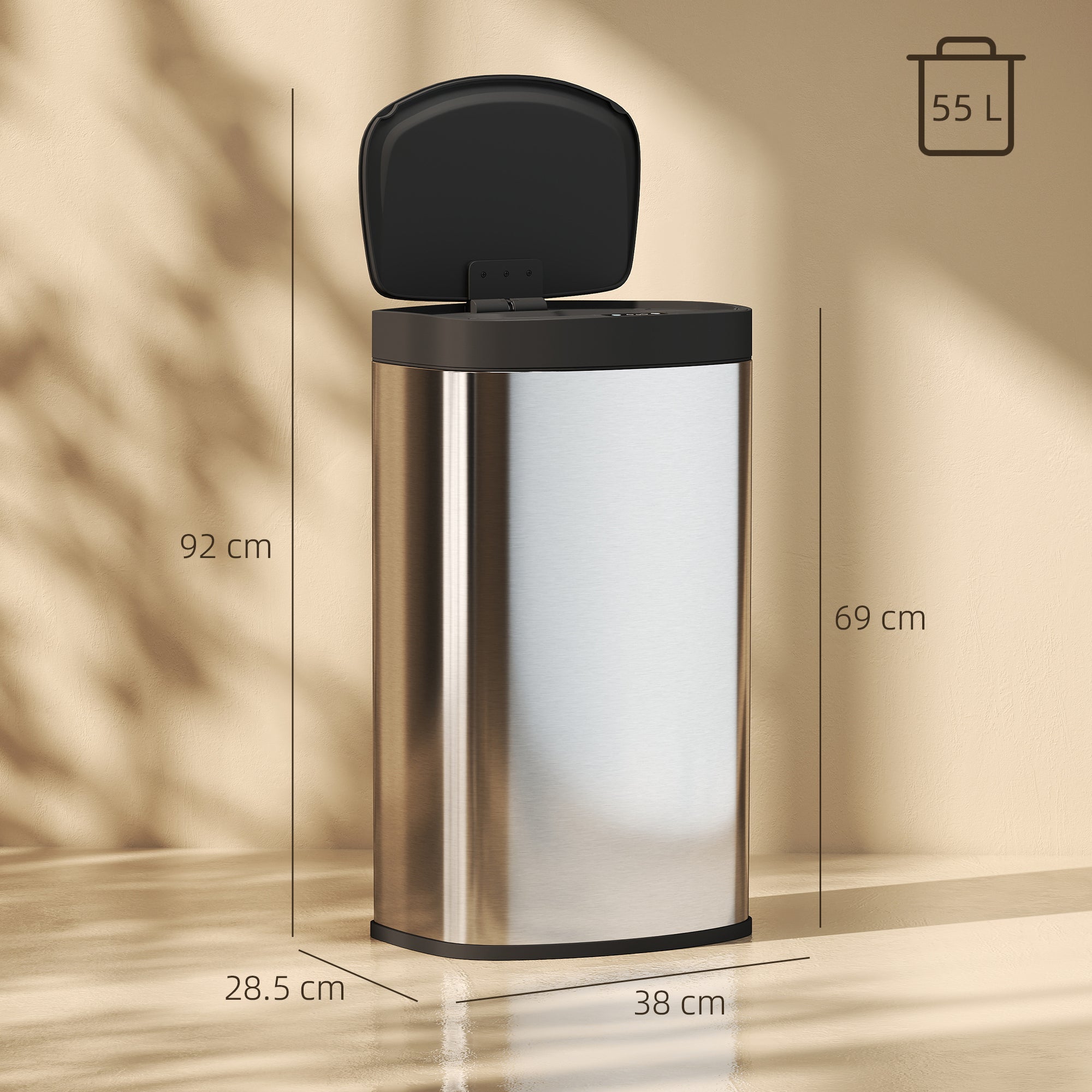 Kozy 55L Sensor Bin with Soft-Close Lid, Automatic Touchless Motion Sensor Kitchen Bin with Fingerprint Resistant Stainless Steel for Hygienic Gyms, Home Office Use, Silver Tone