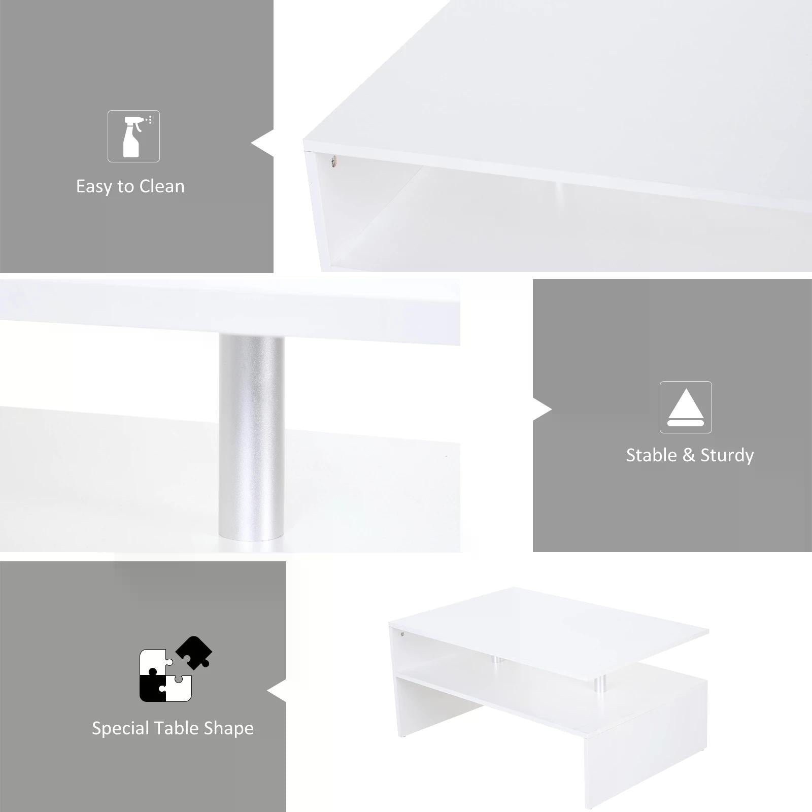 HOMCOM 2-Tier Coffee Table, Modern Rectangular Design Side/End Table with Open Shelf, for Living Room Entryway Hallway, White. | Aosom UK