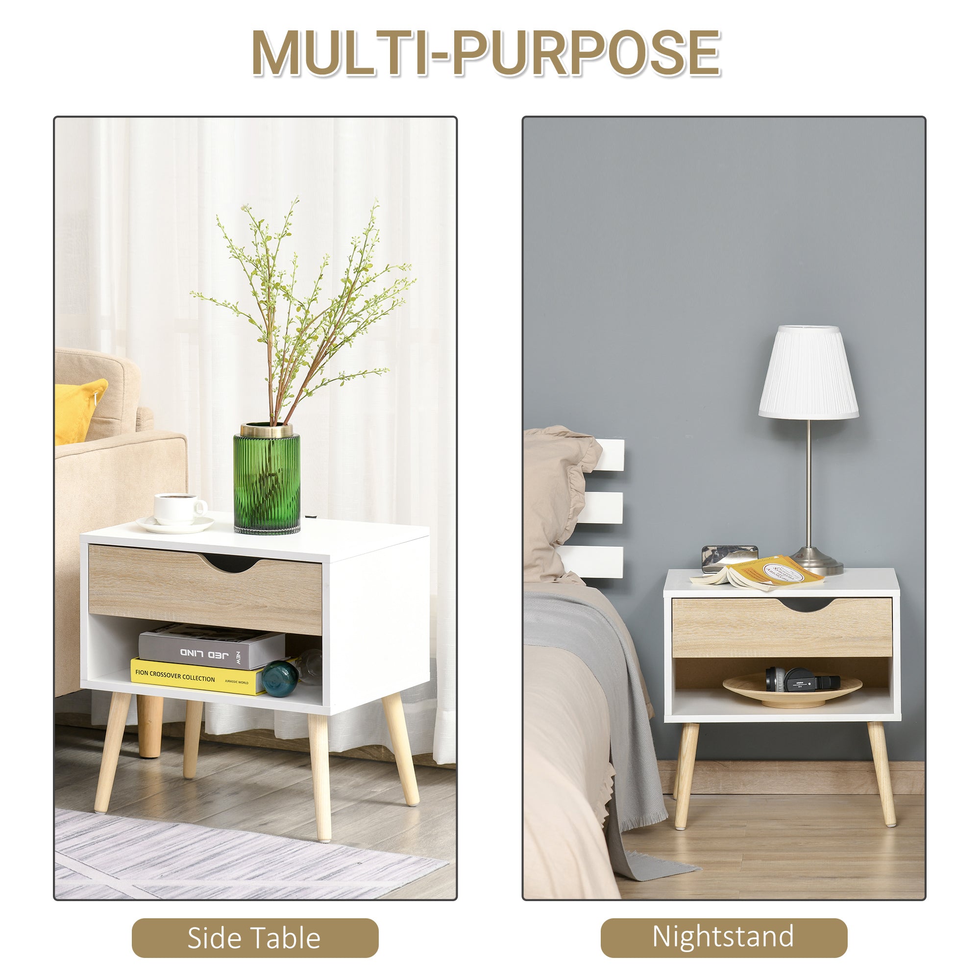 Kozy Bedside Table with Drawer and Shelf, Modern Nightstand, End Table for Bedroom, Living Room, White