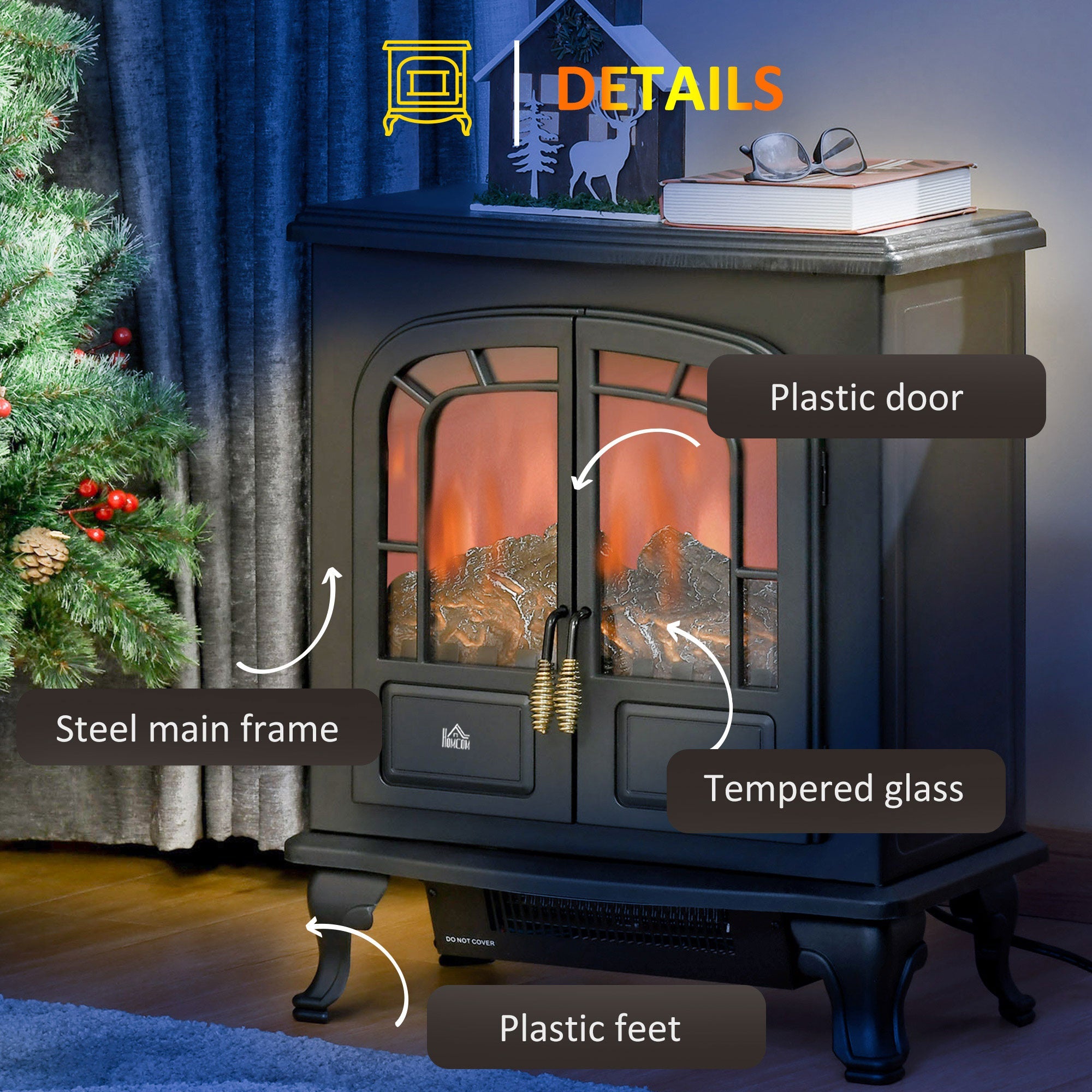 HOMCOM Electric Fireplace Stove Heater with LED Fire Flame Effect, Double Door, Freestanding & Portable with Overheat Protection, 1000W/2000W, Black