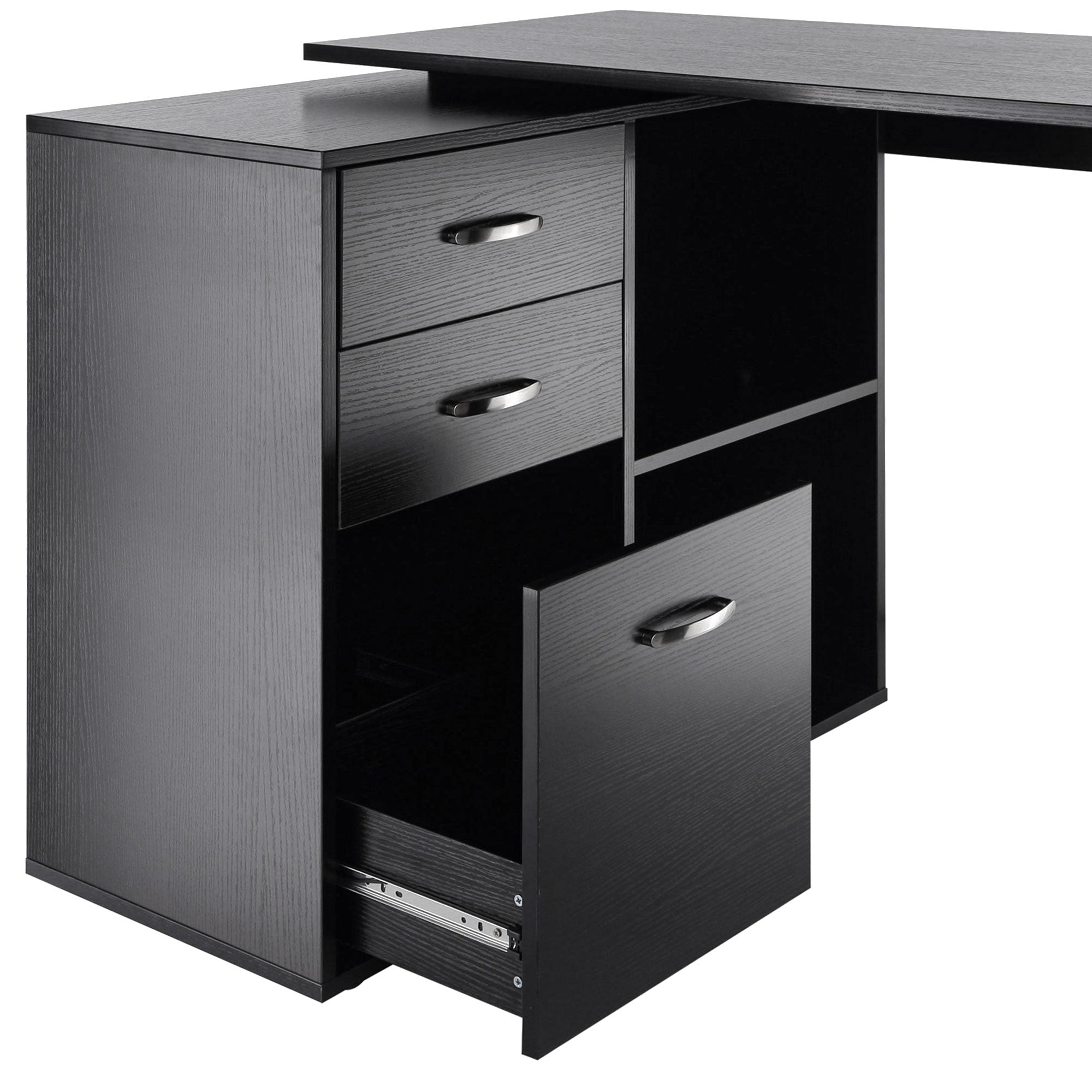 Kozy L Shaped Computer Desk, Reversible Home Office Desk with Drawers, File Cabinet and Storage Shelves, Study Table, 117 x 83.5 x 76cm, Black