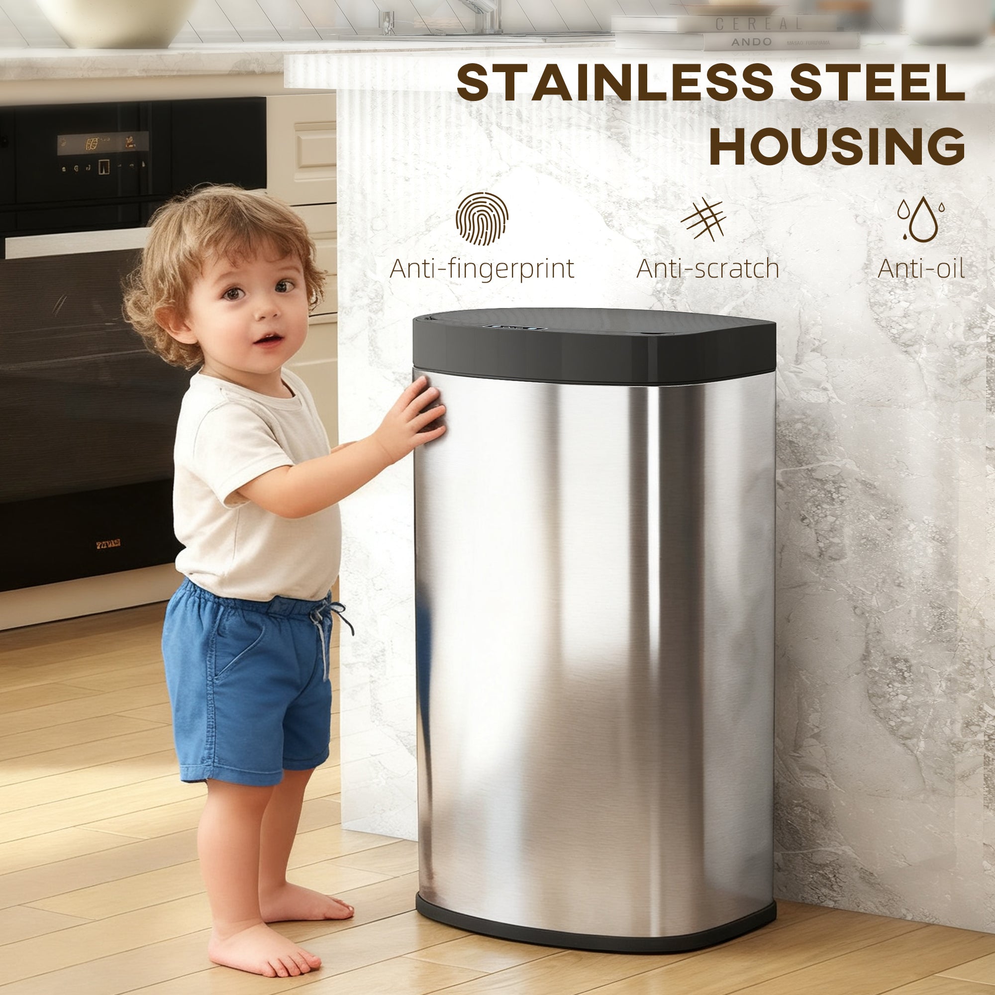 Kozy 55L Sensor Bin with Soft-Close Lid, Automatic Touchless Motion Sensor Kitchen Bin with Fingerprint Resistant Stainless Steel for Hygienic Gyms, Home Office Use, Silver Tone