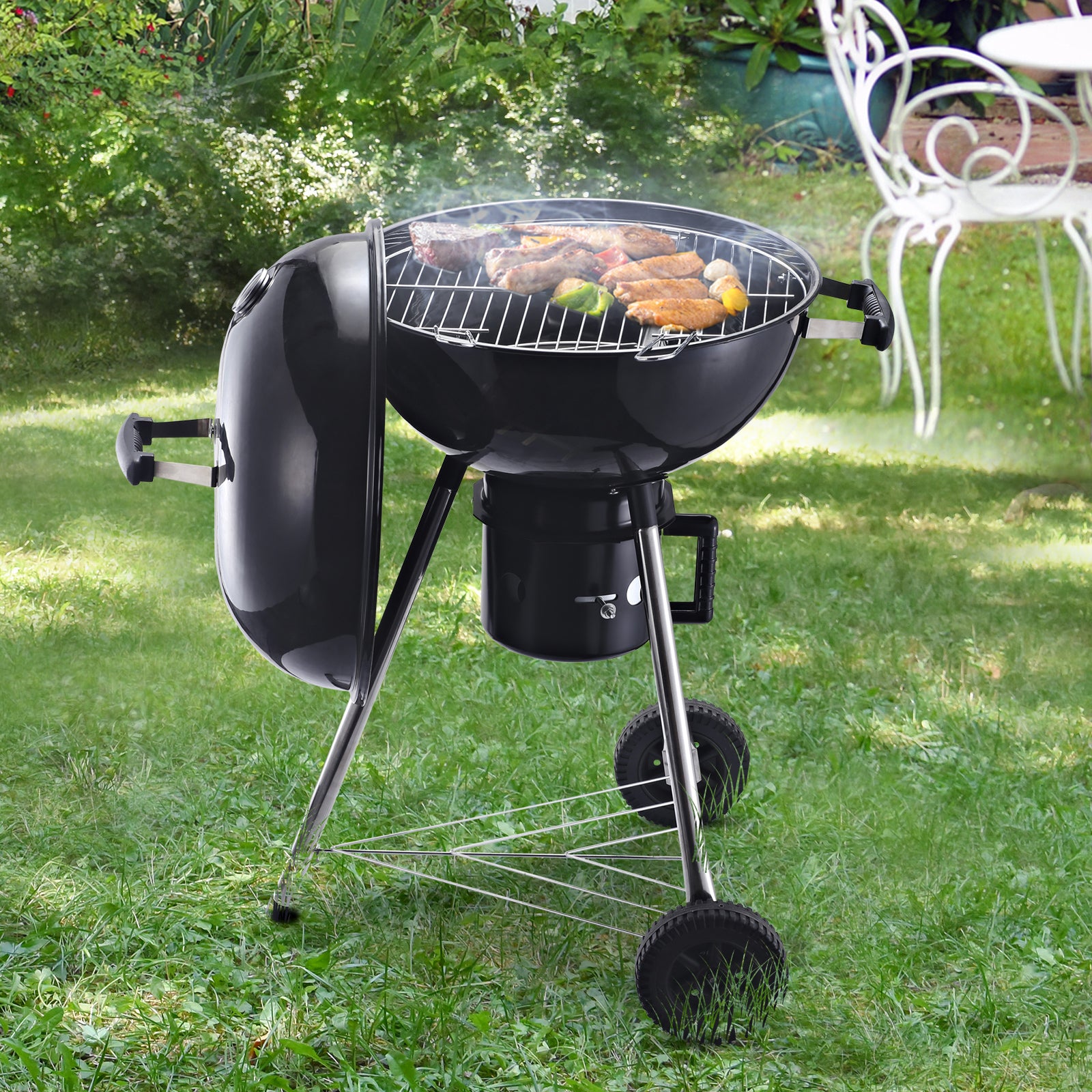 Outsunny Freestanding Charcoal Barbecue Grill Garden Portable BBQ Smoker w/ Wheels, Storage Shelves and On