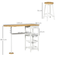 Kozy 3 Piece Bar Table Set, Breakfast Bar table and Stools with Storage Shelf, Drawer, Wire Basket and Wine Rack for Kitchen, Home Bar, Natural and White