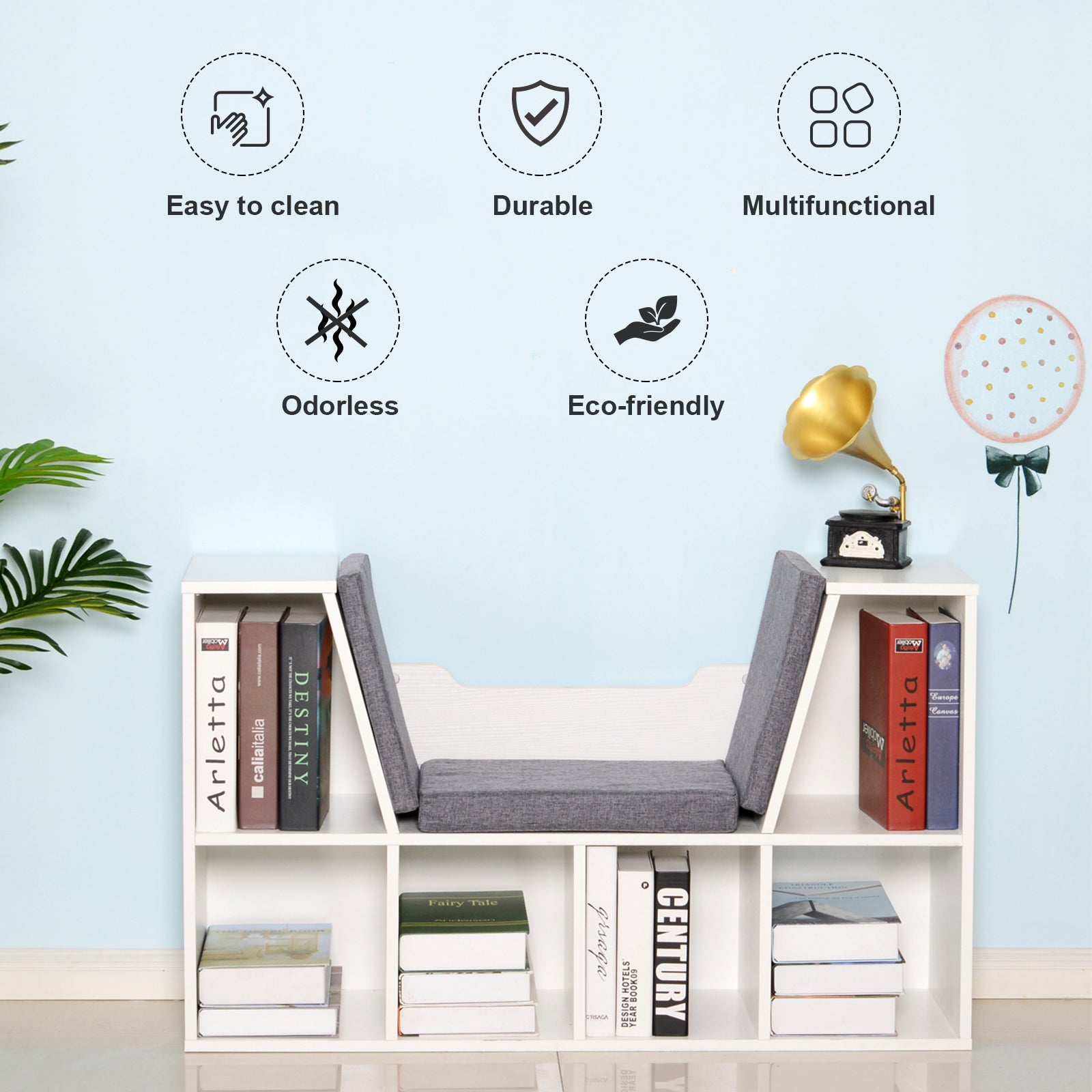 Kozy Bookcase Storage Shelf with Cushioned Reading Seat, Cube Bookshelf Organizer for Bedroom Living Room, White