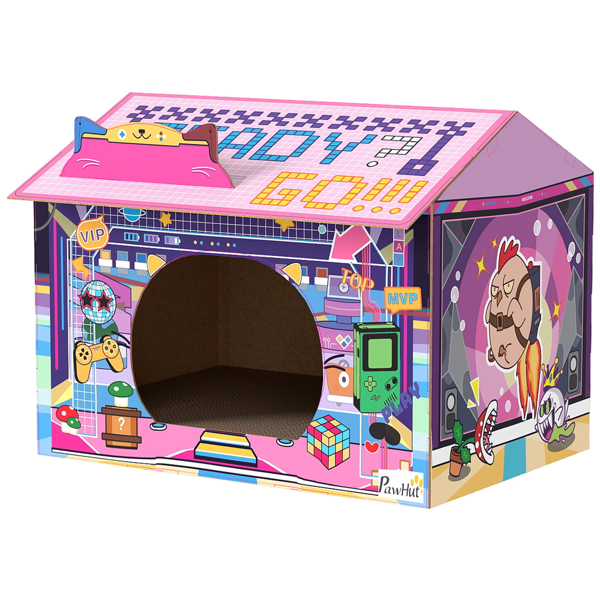 Kozy 2 in 1 Gaming Style Cardboard Cat House with Scratching Board & Catnip for Indoor Cats, Pink