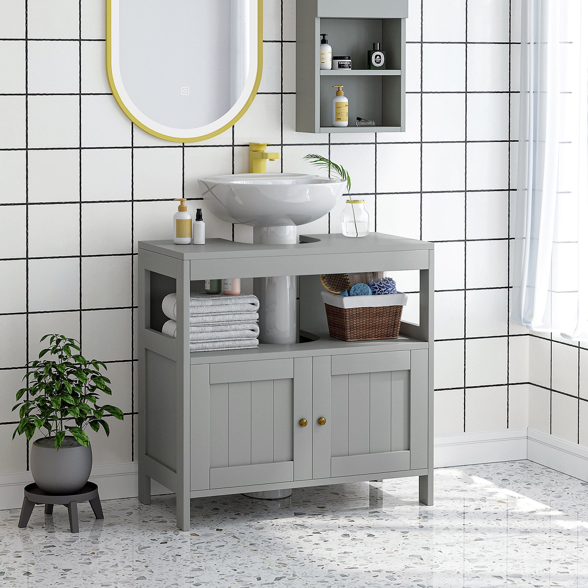Kozy Pedestal Under Sink Cabinet with Double Doors, Modern Bathroom Vanity Storage Unit with Shelves, Light Grey