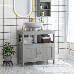 Kozy Pedestal Under Sink Cabinet with Double Doors, Modern Bathroom Vanity Storage Unit with Shelves, Light Grey