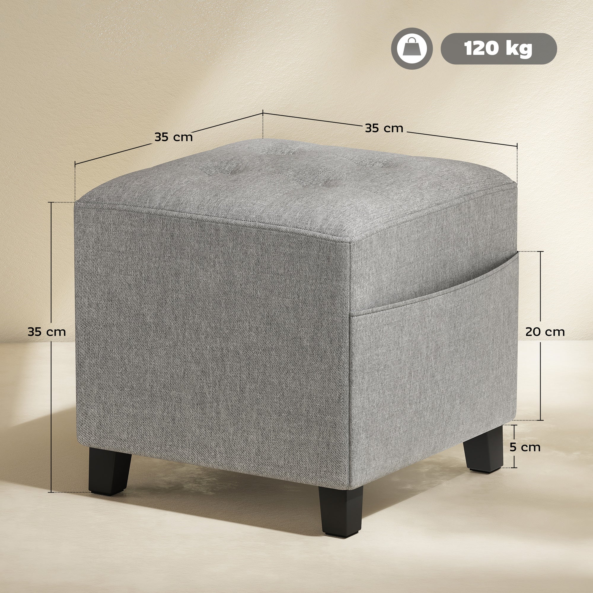 Kozy - Square Footstool, Small Ottoman with Side Pocket, Linen Fabric Footrest Foot Stool with Rubber Wood Legs and Padded Seat for Living Room, Bedroom, Entryway, 35 x 35 x 35cm, Light Grey