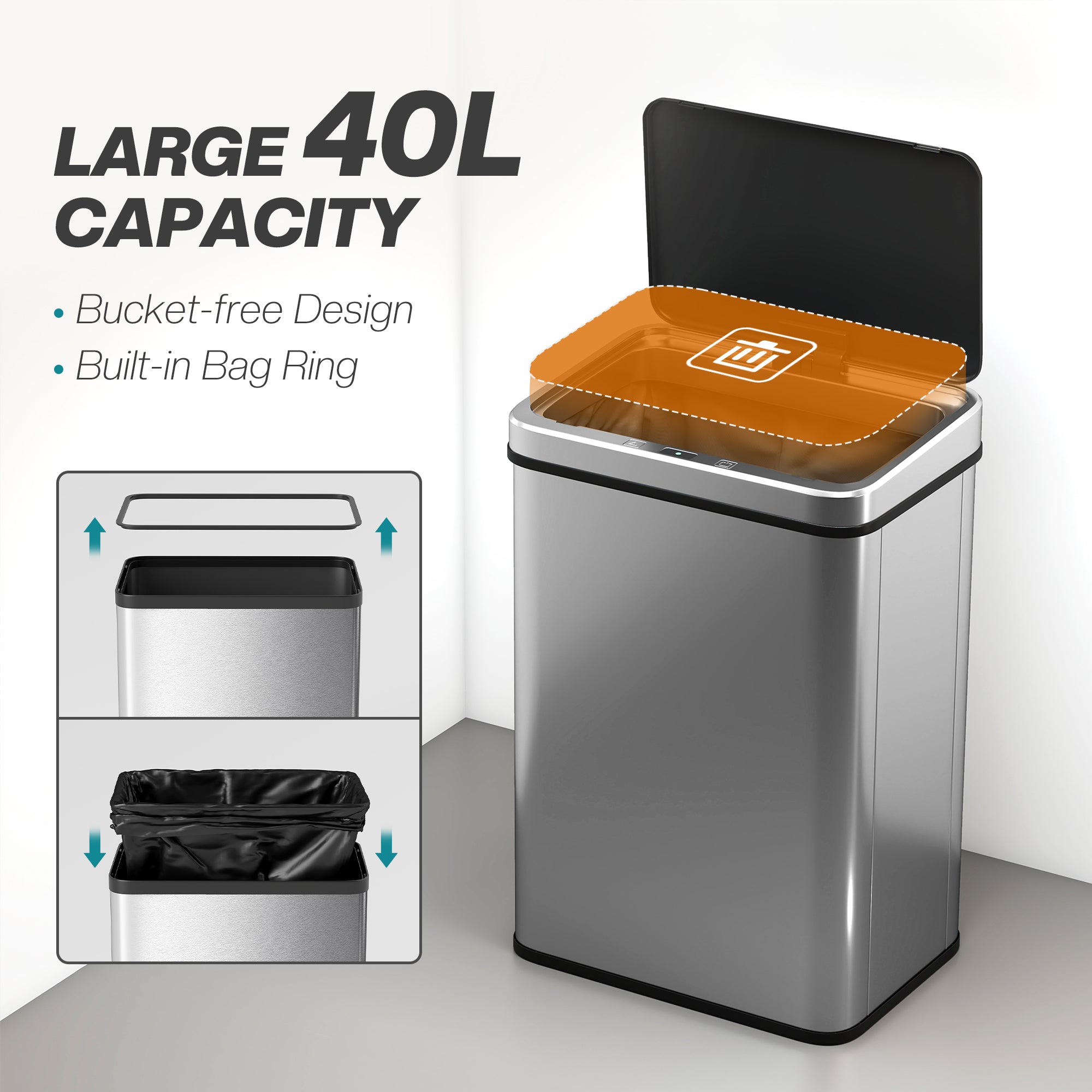 Kozy - 40L Sensor Bin with Quiet Soft-Close Lid, Automatic Touchless Motion Sensor Kitchen Bin with Fingerprint Resistant Stainless Steel for Hygienic Gyms, Home Office Use, Silver Tone